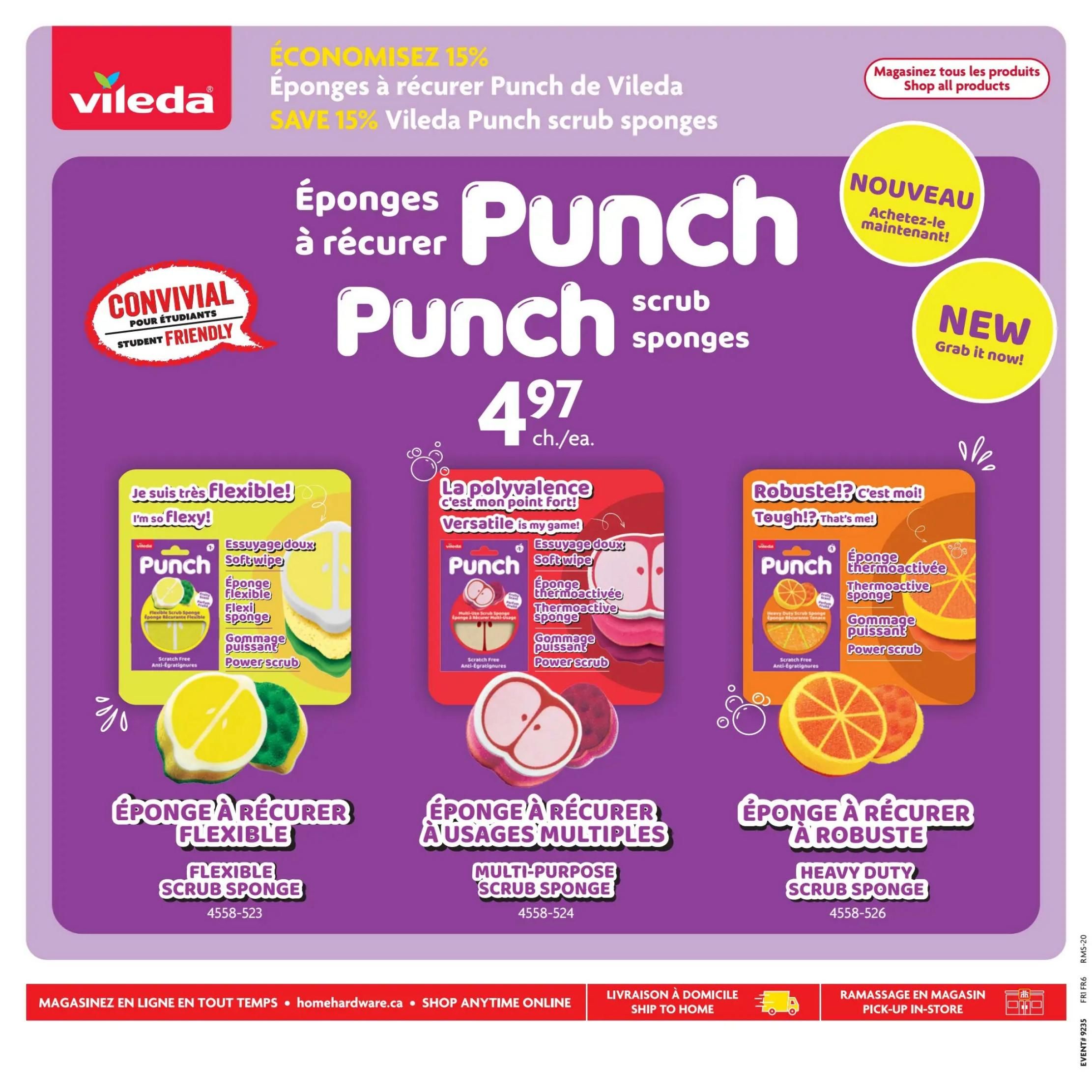 Home Hardware flyer specials page featuring Vileda Punch scrub sponges. Save 15% on Vileda Punch scrub sponges, priced at $4.97 each. The page highlights three types of Vileda Punch scrub sponges: Flexible Scrub Sponge, Multi-Purpose Scrub Sponge, and Heavy Duty Scrub Sponge. Each sponge type is described with its key features, such as softwipe, thermoactive sponge, and power scrub. The 'Nouveau' and 'NEW' badges indicate these are newly available products. The page also includes options to shop all products, shop anytime online at homehardware.ca, ship to home, and pick-up in-store.