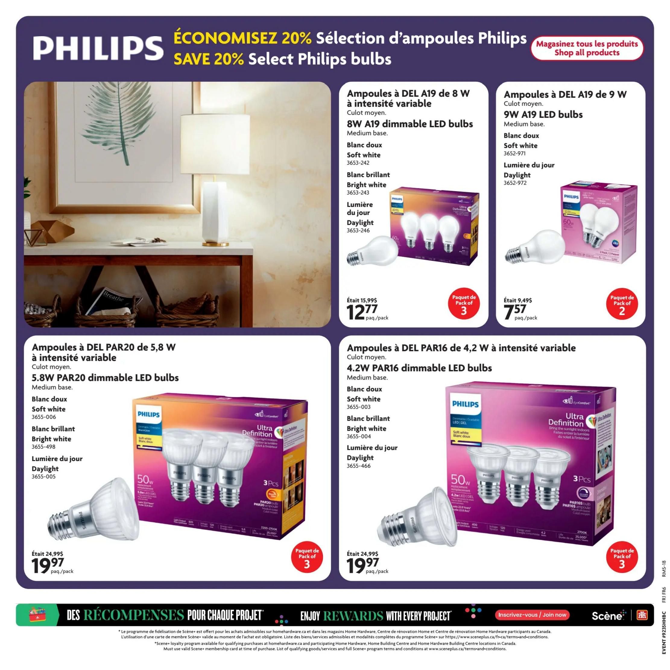 Home Hardware flyer page featuring Philips LED bulbs with a 20% savings offer. Products include 8W A19 dimmable LED bulbs in Soft white and Bright white, priced at $12.77 per pack of 3. Also available are 9W A19 LED bulbs in Soft white and Daylight, with a pack of 2 for $7.57. The page also showcases 5.8W PAR20 dimmable LED bulbs in Soft white, Bright white, and Daylight, on sale for $19.97 per pack of 3. Additionally, 4.2W PAR16 dimmable LED bulbs in Soft white, Bright white, and Daylight are offered at $19.97 per pack of 3. The bottom of the page highlights the Scene+ rewards program.