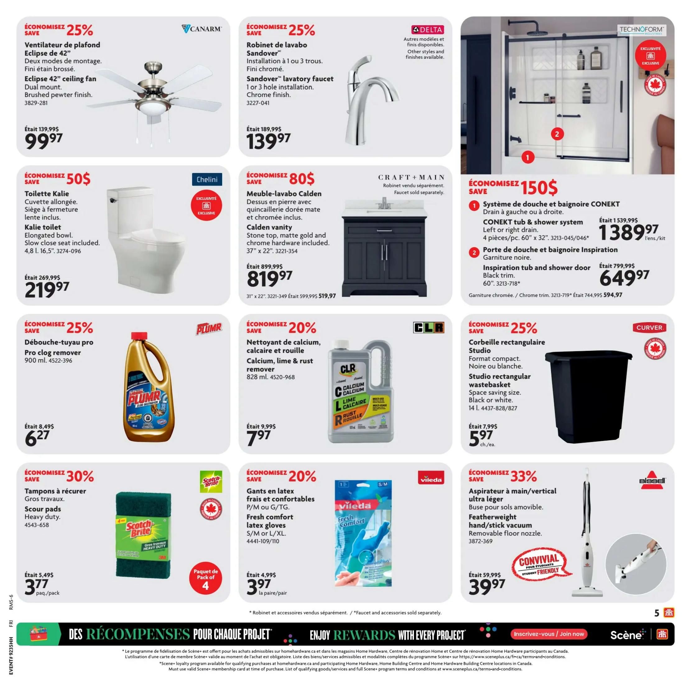 Home Hardware flyer page 14 features savings on various home improvement and cleaning products. Save 25% on the Eclipse 42' ceiling fan with dual mount and brushed pewter finish, now $99.97. Save $50 on the Kalie toilet with an elongated bowl and slow close seat included, priced at $219.97. Save 25% on the Sandover lavatory faucet with 1 or 3 hole installation in chrome finish, reduced to $139.97. Save $80 on the Calden vanity with a stone top, matte gold and chrome hardware, for $819.97. Save 25% on the Studio rectangular wastebasket, space-saving size, in black or white, for $5.97 each. Save 25% on Pro clog remover, 900 ml, now $6.27. Save 20% on CLR Calcium, lime & rust remover, 828 ml, for $7.97. Save 30% on Scotch-Brite heavy duty scour pads, pack of 4, for $3.77. Save 20% on Vileda fresh comfort latex gloves in S/M or L/XL, for $3.97 per pair. Save 33% on the Bissell Featherweight hand/stick vacuum with removable floor nozzle, now $39.97. Also featured is the CONEKT tub & shower system (left or right drain, 4 pieces/pc. 60' x 32') for $1389.97 and the Inspiration tub and shower door (black trim, 60') for $649.97.