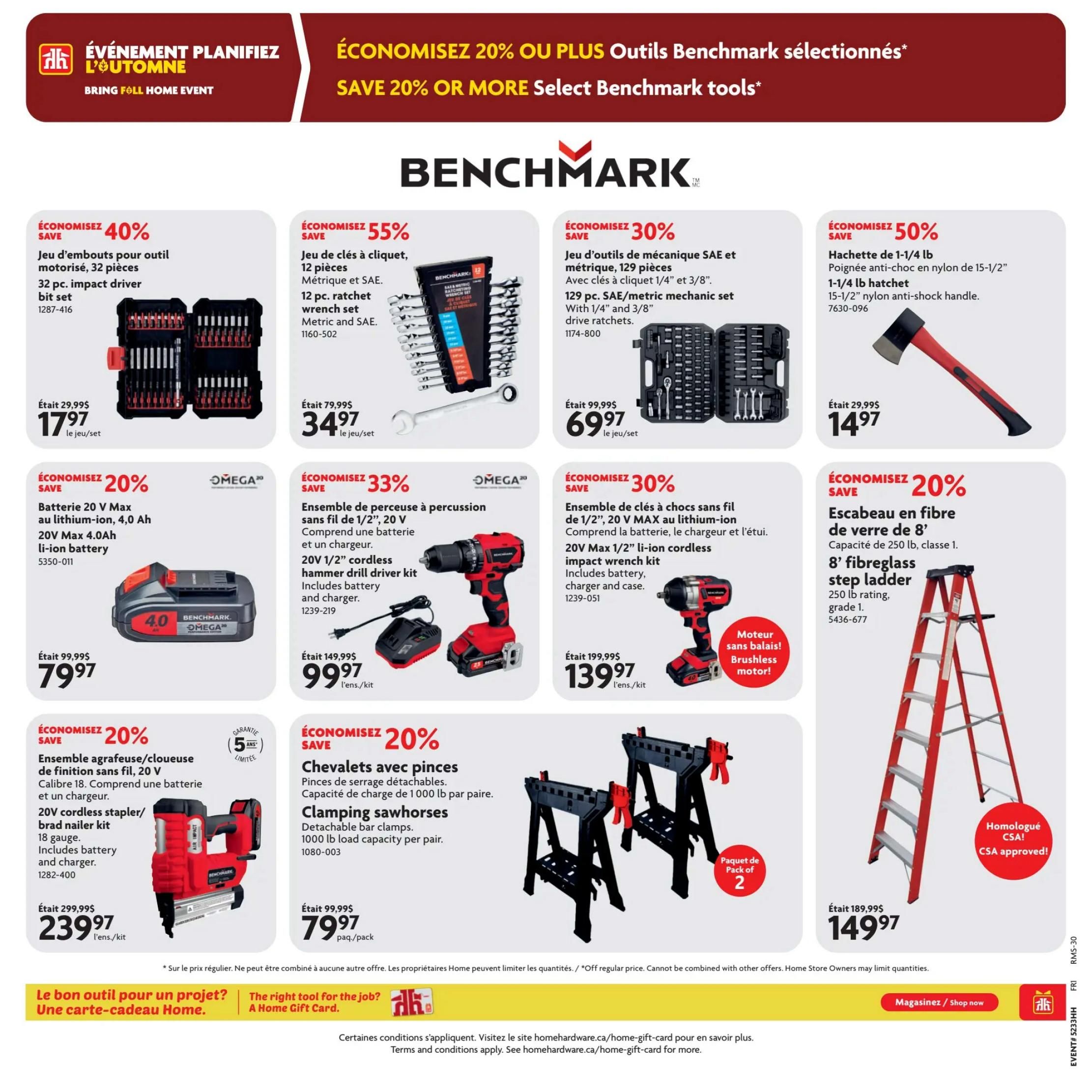 Home Hardware flyer specials page 15 features Benchmark tools and other home improvement items. Save 40% on a 32-piece impact driver bit set, now $17.97. Save 55% on a 12-piece ratchet wrench set (Metric and SAE), now $34.97. Save 30% on a 129-piece SAE/metric mechanic set with 1/4' and 3/8' drive ratchets, now $69.97. Save 50% on a 1-1/4 lb hatchet with 15-1/2' nylon anti-shock handle, now $14.97. Save 20% on a 20V Max 4.0Ah li-ion battery, now $79.97. Save 33% on a 20V 1/2' cordless hammer drill driver kit, including battery and charger, now $99.97. Save 30% on a 20V Max 1/2' cordless impact wrench kit with battery, charger, and case, now $139.97. Save 20% on a 20V cordless stapler/brad nailer kit (18 gauge), including battery and charger, now $239.97. Save 20% on clamping sawhorses with detachable bar clamps and 1000 lb load capacity per pair, now $79.97. Also featured is an 8' fibreglass step ladder with 250 lb rating, grade 1, CSA approved, for $149.97. The bottom of the page promotes Home Hardware gift cards.