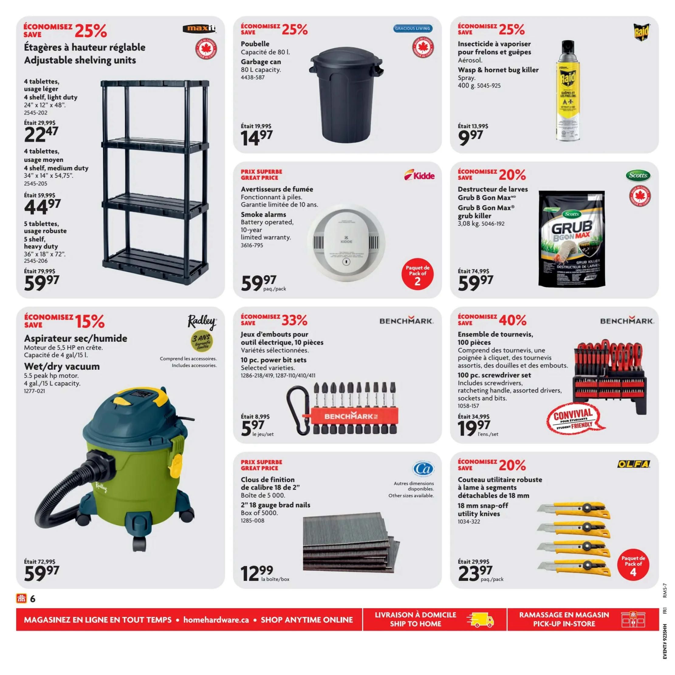Home Hardware flyer page 16 featuring various home improvement and hardware items. Save 25% on adjustable shelving units: 4-shelf light duty units for $22.47, and 4-shelf medium duty units for $44.97. Also save 25% on 80 L garbage cans for $14.97 and Raid wasp and hornet bug killer spray for $9.97. Get 20% off Scotts Grub B Gon Max grub killer for $59.97. Save 15% on Radley 5.5 peak HP wet/dry vacuums for $59.97. Benchmark offers 33% off 10-piece power bit sets for $5.97 and 40% off 100-piece screwdriver sets for $19.97. Great price on 2' 18 gauge brad nails, box of 5000, for $12.99. Olfa 18 mm snap-off utility knives, pack of 4, are 20% off for $23.97. Kidde smoke alarms, battery operated with a 10-year limited warranty, are available in a 2-pack for $59.97.