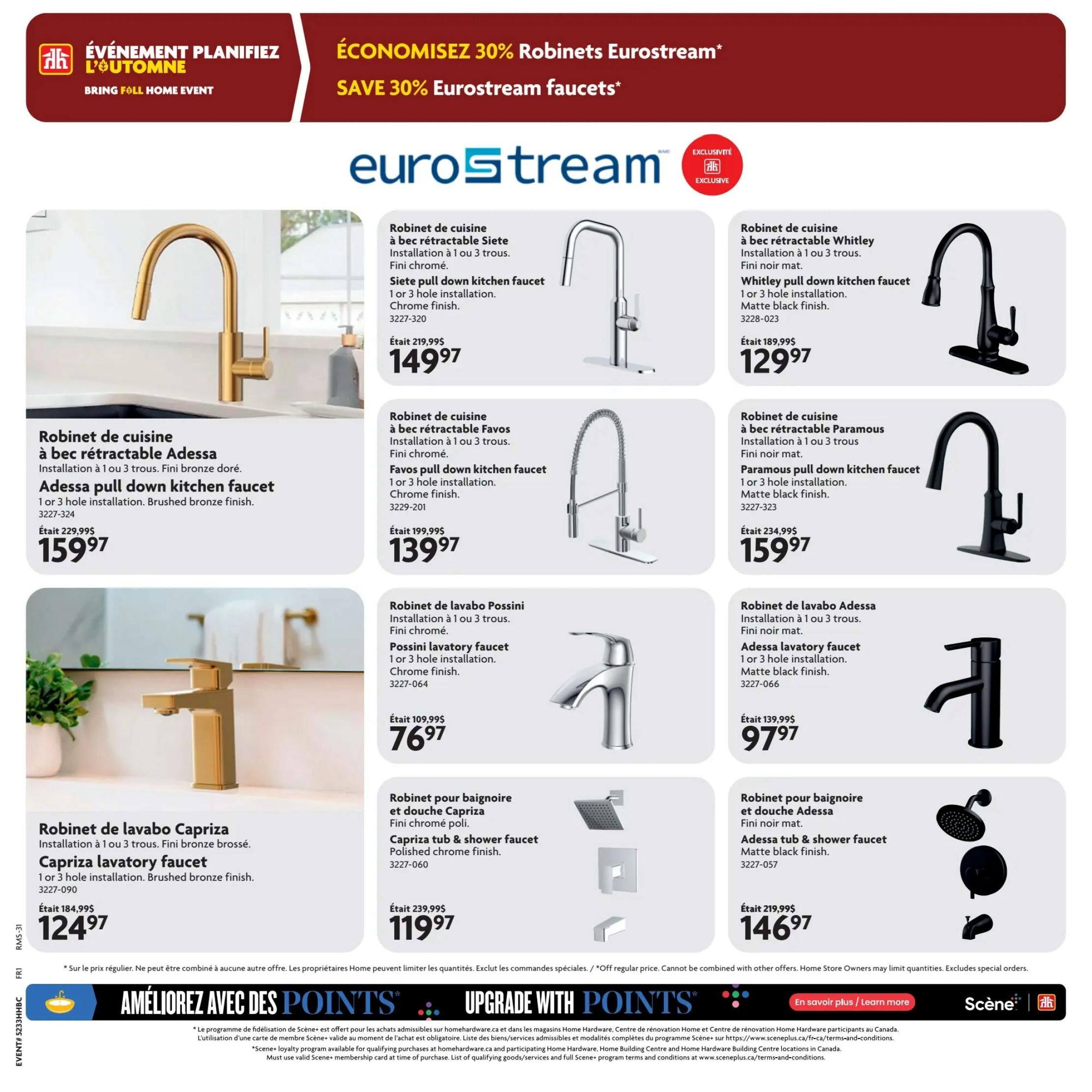 Home Hardware flyer page featuring Eurostream faucets with a 30% savings promotion. Products include the Siele pull down kitchen faucet in chrome finish, originally $219.99, now $149.97. The Whitley pull down kitchen faucet in matte black finish is on sale for $129.97, down from $189.99. The Adessa pull down kitchen faucet in brushed bronze finish is priced at $159.97, reduced from $229.99. Also available is the Favos pull down kitchen faucet in chrome finish for $139.97, marked down from $199.99. The Possini lavatory faucet in chrome finish is $76.97, a reduction from $109.99. The Adessa lavatory faucet in matte black finish is $97.97, down from $139.99. For the bathroom, the Capriza tub & shower faucet in polished chrome finish is $119.97, originally $239.99. The Adessa tub & shower faucet in matte black finish is $146.97, down from $219.99. The Capriza lavatory faucet in brushed bronze finish is $124.97, reduced from $184.99. The flyer also promotes 'Améliorez avec des points' / 'Upgrade with Points' loyalty program.
