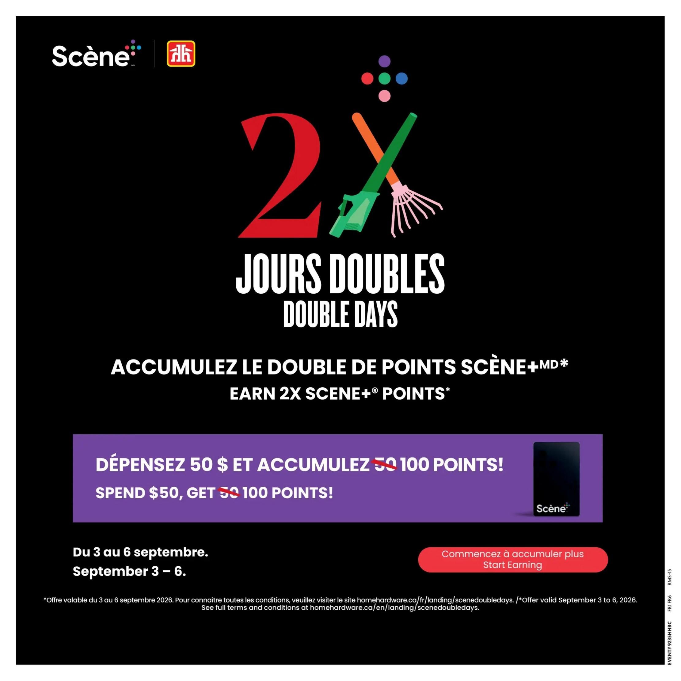 Home Hardware flyer page 22 features a 'Double Days' promotion offering 2x Scene+ points. Spend $50 and get 100 Scene+ points. This offer is valid from September 3 to 6, 2026. A 'Start Earning' button is visible. Full terms and conditions are available online.