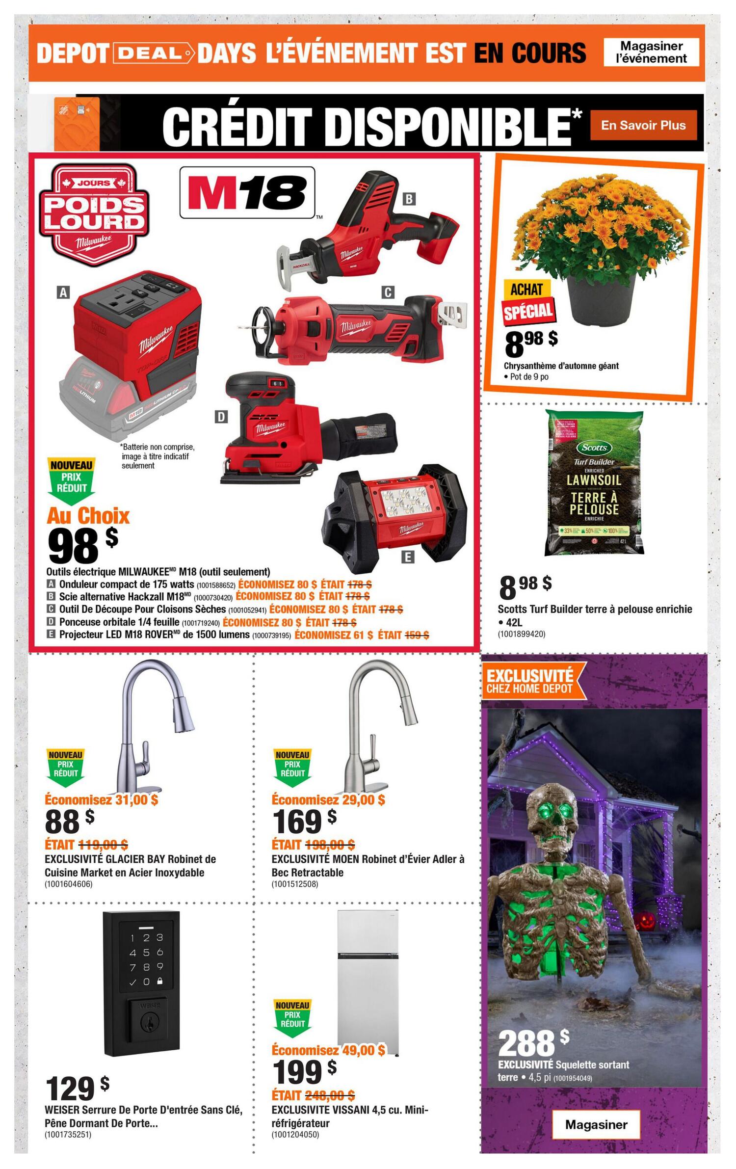 Home Depot flyer page 2 features 'Depot Deal Days' with 'Credit Available' promotions. Heavy Duty Milwaukee M18 tools are on sale for $98, including a compact electric tool, Hackzall reciprocating saw, dry-cut jigsaw, 1/4 sheet orbital sander, and an M18 ROVER LED work light. Also featured are a giant autumn chrysanthemum for $8.98 and Scotts Turf Builder enriched lawn soil for $8.98. Plumbing deals include a Glacier Bay Market sink faucet for $88 (originally $119) and a Moen Adler sink faucet with retractable spout for $169 (originally $199). A Weiser keyless door lock is priced at $129. A Vissani 4.5 cu. ft. mini-refrigerator is on sale for $199 (originally $248). Finally, an exclusive Home Depot animated skeleton yard decoration is available for $288.