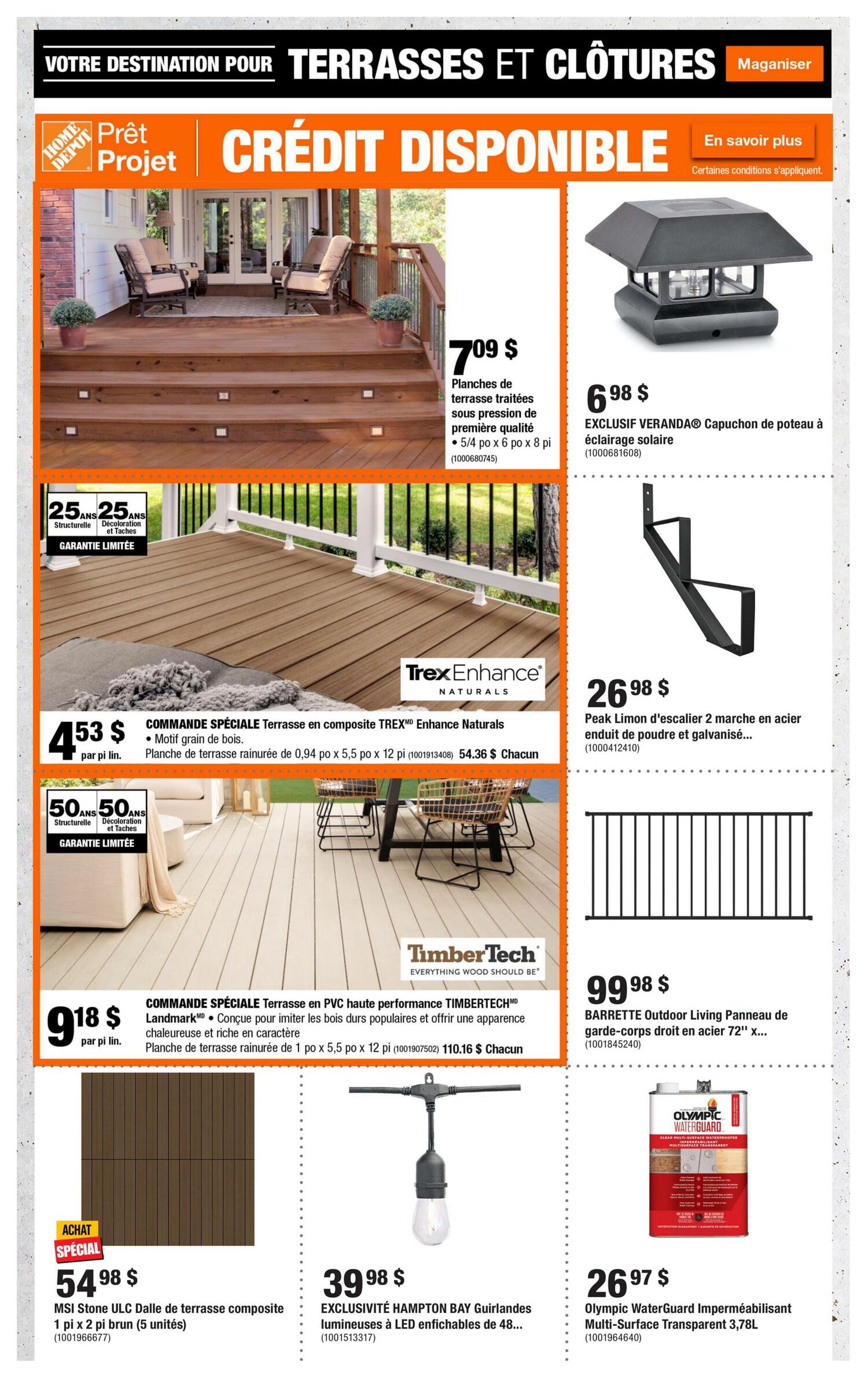 Home Depot Quebec flyer page 6 features a wide selection of decking and fencing products. Top left showcases pressure-treated lumber for decks at $7.09 per linear foot, suitable for 5/4' x 6' x 8' planks. Below, Trex Enhance Naturals composite decking is available for special order at $4.53 per linear foot, with 5/4' x 5.5' x 12' planks priced at $54.36 each. TimberTech Landmark PVC decking is also on special order for $9.18 per linear foot, with 1' x 5.5' x 12' planks at $110.16 each. On the bottom left, MSI Stone ULC composite deck tiles in brown are on sale for $54.98 for a 5-unit pack. To the right, a VERANDA solar post cap light is exclusively priced at $6.98. A Peak Limon 2-step steel stair is available for $26.98. The BARRETTE Outdoor Living steel deck railing panel is $99.98. Hampton Bay outdoor LED string lights are $39.98. Finally, Olympic WaterGuard Multi-Surface Transparent sealant is $26.97 for a 3.78L container.