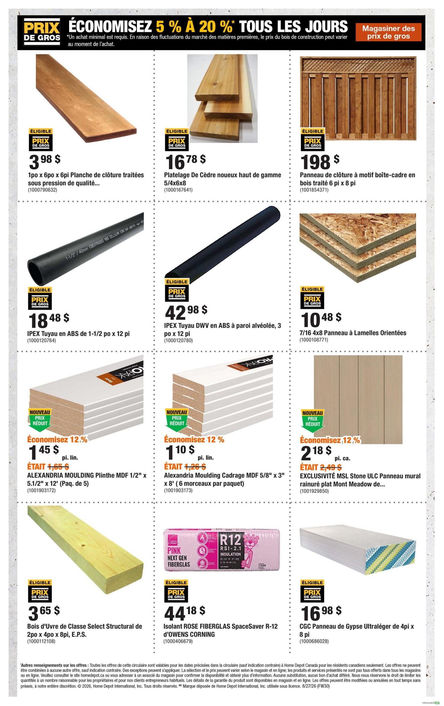 Home Depot flyer page 8 featuring various construction and finishing materials. Top row includes: 1x6x6 treated lumber for $3.98, knotty cedar planks for $16.78, and a 6x8 treated wood fence panel for $198. Middle row showcases: IPEX ABS 1-1/2' x 12' pipe for $18.48, IPEX DWV ABS pipe for $42.98, and 7/16' x 4x8 oriented strand board panels for $10.48. Bottom row highlights: Alexandria Moulding Plinthe MDF 1/2' x 5.1/2' x 12' on sale for $1.45 (save 12%), Alexandria Moulding Cadre MDF 5/8' x 3' x 8' on sale for $1.10 (save 12%), and EXCLUSIVITÉ MSL Stone ULC wall panel for $2.18 (save 12%). Also featured are: 2x4x8 structural select lumber for $3.65, ROSE FIBERGLAS SpaceSaver R-12 insulation for $44.18, and CGC Ultralight 4x8 gypsum panels for $16.98.