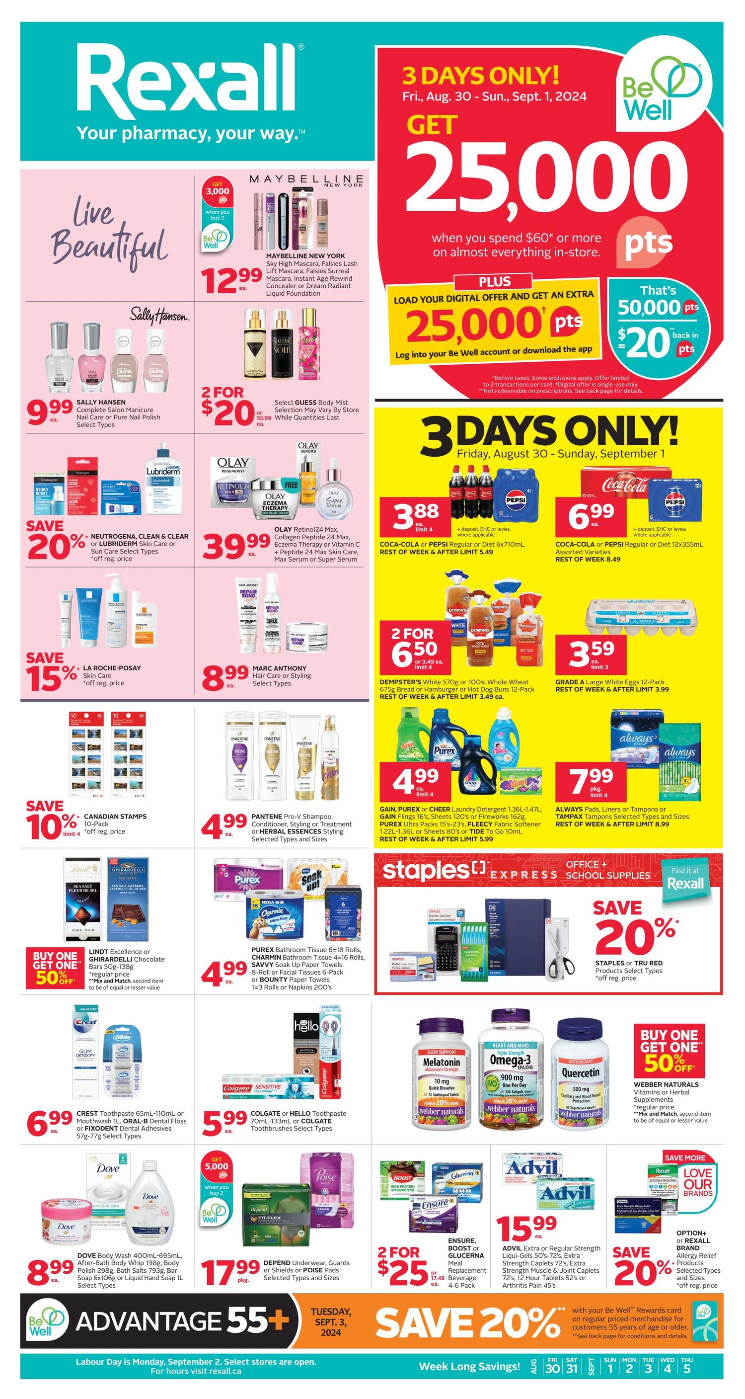 Rexall flyer page featuring 'Your pharmacy, your way.' and 'Be Well' rewards program. Highlights include registered member pricing for Gold Seal Sockeye Salmon 213g at $3.99, with a non-member price of $5.99. Nosh & Co. Potato Chips, Cheese Stix, or Sour Cream & Onion Rings 130g-140g are 99 cents each, limit 6. Softsoap or Irish Spring Body Wash 591ml is $4.49 each, non-member price $5.99. Charmin Ultra Soft or Ultra Strong Bathroom Tissue 6 Mega Rolls, Bounty Paper Towels 4x12 Rolls or Scotties Facial Tissues 12-Pack are $12.99 each, non-member prices listed. Also featured are 'Buy One Get One 50% Off' deals on Option+ Coated Daily Low Dose 81mg Tablets or Chewable Tablets 30's-365's, and Option+ Bath Oil or Bath Oil 480mL. Option+ or Rexall Brand Bandages are 2 for $9, or $4.79 each. Option+ or Rexall Brand Calcium Antacids or Smooth Gels are $4.79. The flyer is valid for Advantage 55+ members on Tuesday, September 3, 2024.