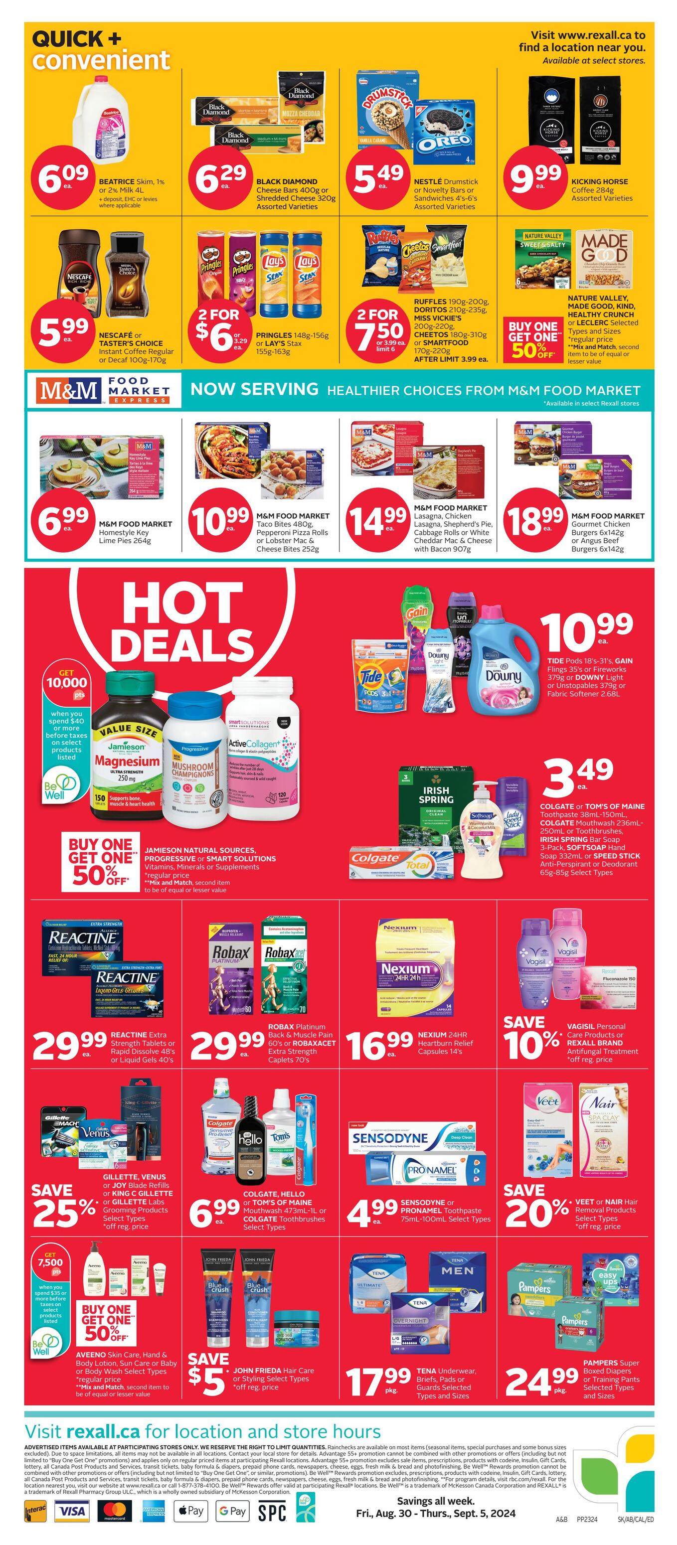 Rexall flyer page 3 features 'Quick + Convenient' deals including Beatrice Skim Milk at $6.09, Black Diamond Cheese Bars or Shredded Cheese at $6.29, and Nestlé Drumstick or Novelty Bars at $5.49. Also featured are Kicking Horse Coffee for $9.99, Nescafé Instant Coffee for $5.99, and Pringles or Lay's Stax chips 2 for $6.00. Hot Deals include M&M Food Market items like Lime Pies for $6.99, Taco Bites or Pepperoni Pizza Rolls for $10.99, Lasagna or Shepherd's Pie for $14.99, and Gourmet Chicken Burgers or Angus Beef Burgers for $18.99. Laundry and fabric care products are on sale, including Tide Pods, Gain Fireworks, or Downy Fabric Softener for $10.99. Health and wellness products include Jamieson Natural Sources, Progressive, or Smart Solutions Vitamins and Supplements with a Buy One Get One 50% off offer. Colgate or Tom's of Maine Toothpaste, Mouthwash, or Irish Spring Bar Soap are $3.49. Reactine Extra Strength Tablets or Liquid Gels are $29.99. Robax Platinum Back & Muscle Pain 60's or Robaxacet Extra Strength Caplets 70's are $29.99. Nexium 24HR Heartburn Relief Capsules are $16.99. Vagisil Personal Care Products or Rexall Brand Antifungal Treatment are 10% off. Gillette, Venus, or Joy Blade Refills or King C. Gillette Grooming Products are 25% off. Colgate, Hello, or Tom's of Maine Mouthwash or Toothbrushes are $6.99. Sensodyne Toothpaste is $4.99. Veet or Nair Hair Removal Products are 20% off. Aveeno Skin Care, Hand & Body Lotion, Sun Care or Baby or Wash are Buy One Get One 50% off. John Frieda Hair Care or Styling Select Types are save $5. TENA Underwear, Briefs, Pads or Guards are $17.99. Pampers Super Boxed Diapers or Training Pants are $24.99. Visit rexall.ca for location and store hours.