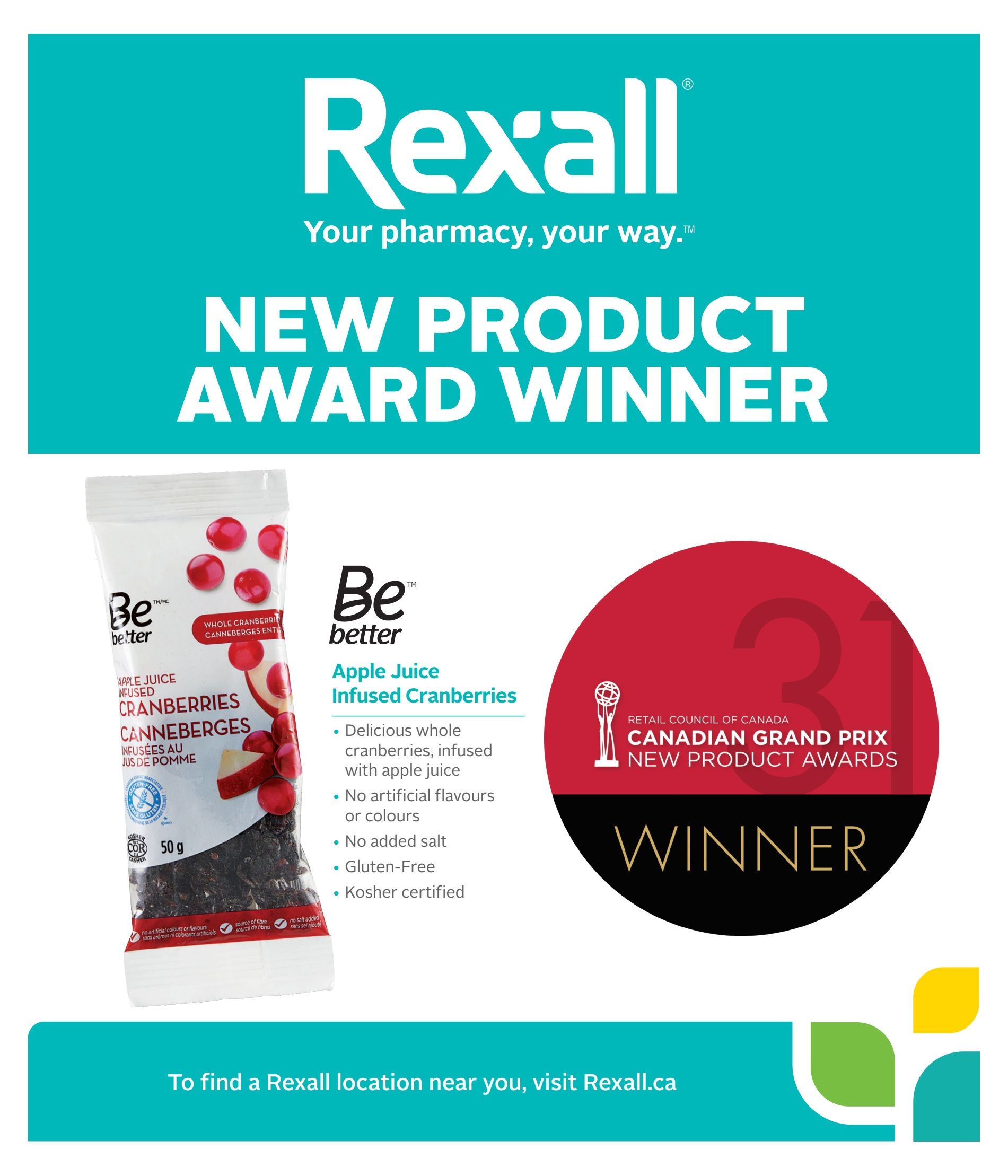 Rexall flyer page featuring Be Better Apple Juice Infused Cranberries, a new product award winner. The product is described as delicious whole cranberries infused with apple juice, with no artificial flavours or colours, no added salt, and is gluten-free and Kosher certified. The packaging shows 50 g. The product also won a Canadian Grand Prix New Product Award. The bottom of the page directs customers to visit Rexall.ca to find a location.