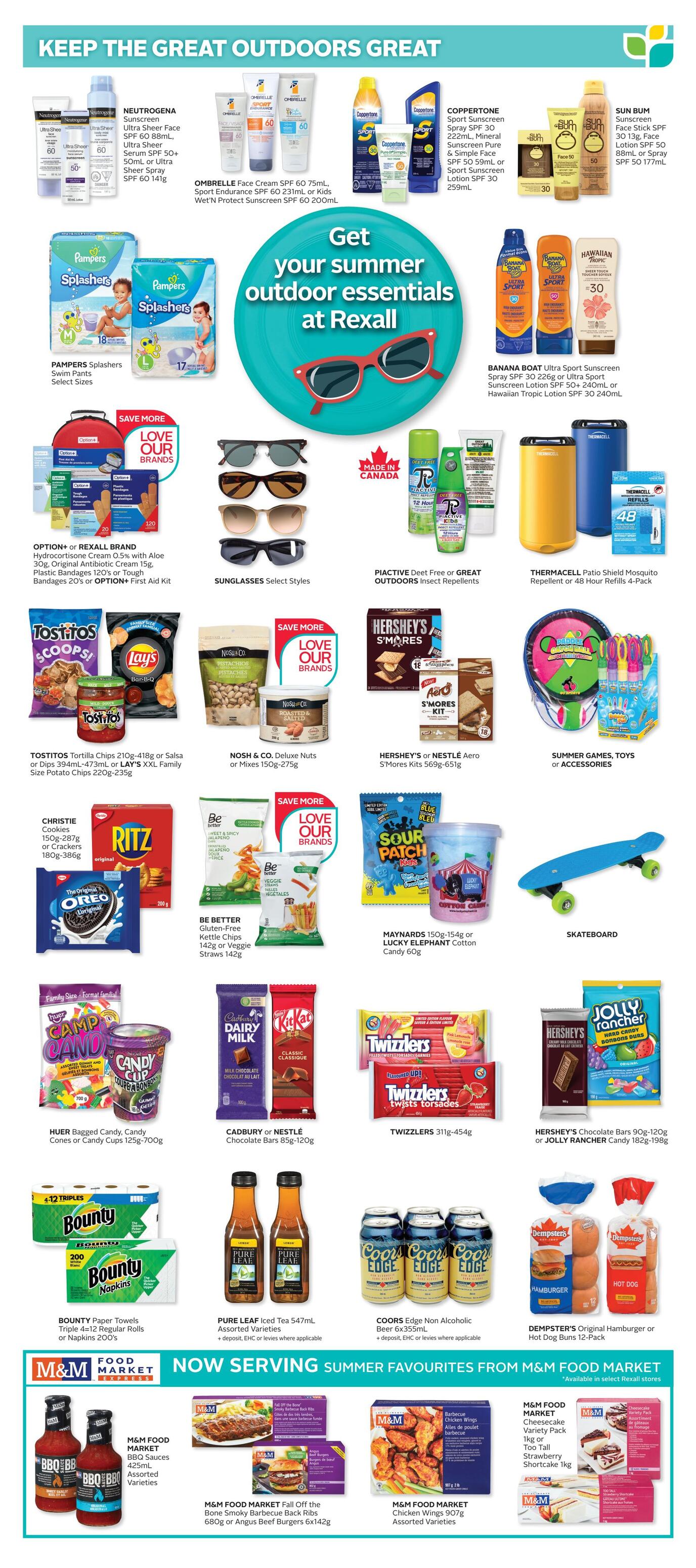 Rexall flyer page 15 featuring summer outdoor essentials. Includes Neutrogena Sunscreen Ultra Sheer Face SPF 60, Ombrelle Face Cream SPF 60, Coppertone Sport Sunscreen, and Sun Bum Sunscreen. Also features Pampers Splashers Swim Pants, Option+ or Rexall Brand Hydrocortisone Cream, and Sunglasses. Snacks include Tostitos Tortilla Chips, Lay's BBQ chips, Nosh & Co. Deluxe Nuts, and Hershey's or Nestle S'mores Kits. Candy and drinks include Maynard's Sour Patch Kids, Lucky Elephant Cotton Candy, Cadbury or Nestle Chocolate Bars, Twizzlers, Hershey's Chocolate Bars, Jolly Rancher Candy, and Pure Leaf Iced Tea. Other items include ThermaCell Patio Shield Mosquito Repellent, PiacTive Deet Free Insect Repellent, Bounty Paper Towels, Coors Edge Non Alcoholic Beer, Dempster's Hamburger or Hot Dog Buns, and a Skateboard. The bottom section highlights M&M Food Market summer favourites: BBQ Sauces, Fall off the Bone Smoky Barbecue Back Ribs or Angus Beef Burgers, Chicken Wings, and Cheesecake or Strawberry Shortcake.