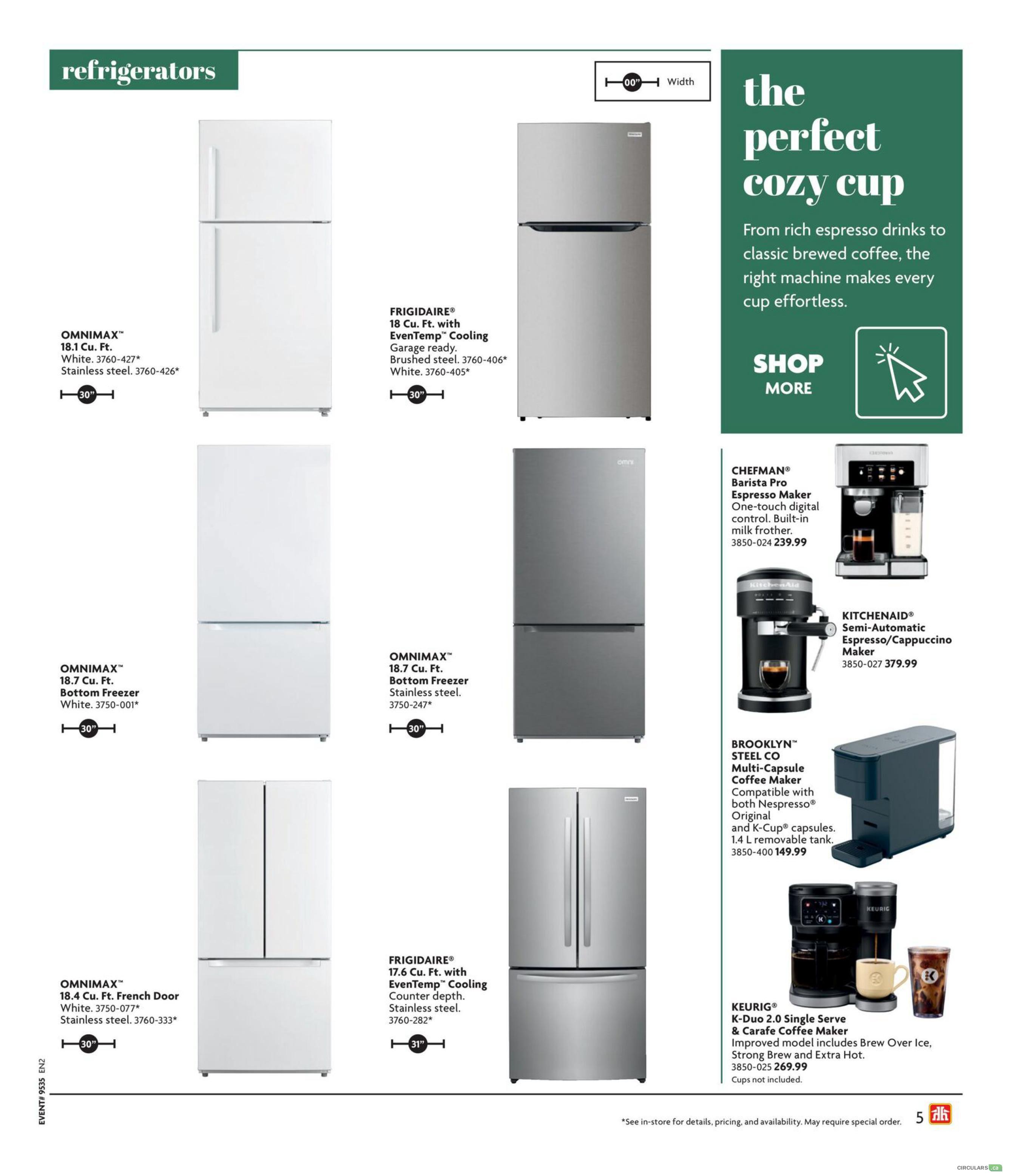 Home Hardware Atlantic flyer, page 5, featuring refrigerators and coffee makers. Refrigerators include OMNIMAX 18.1 Cu. Ft. in White or Stainless Steel (30' width), FRIGIDAIRE 18 Cu. Ft. with EvenTemp Cooling in White or Brushed Steel (30' width), OMNIMAX 18.7 Cu. Ft. Bottom Freezer in White or Stainless Steel (30' width), OMNIMAX 18.4 Cu. Ft. French Door in Stainless Steel (30' width), and FRIGIDAIRE 17.6 Cu. Ft. Counter Depth with EvenTemp Cooling in Stainless Steel (31' width). The right side of the page highlights 'the perfect cozy cup' with coffee makers: CHEFMAN Barista Pro Espresso Maker for $239.99, KITCHENAID Semi-Automatic Espresso/Cappuccino Maker for $379.99, BROOKLYN STEEL CO Multi-Capsule Coffee Maker for $149.99, and KEURIG K-Duo 2.0 Single Serve & Carafe Coffee Maker for $269.99. Note: Prices are subject to change and may require special orders.