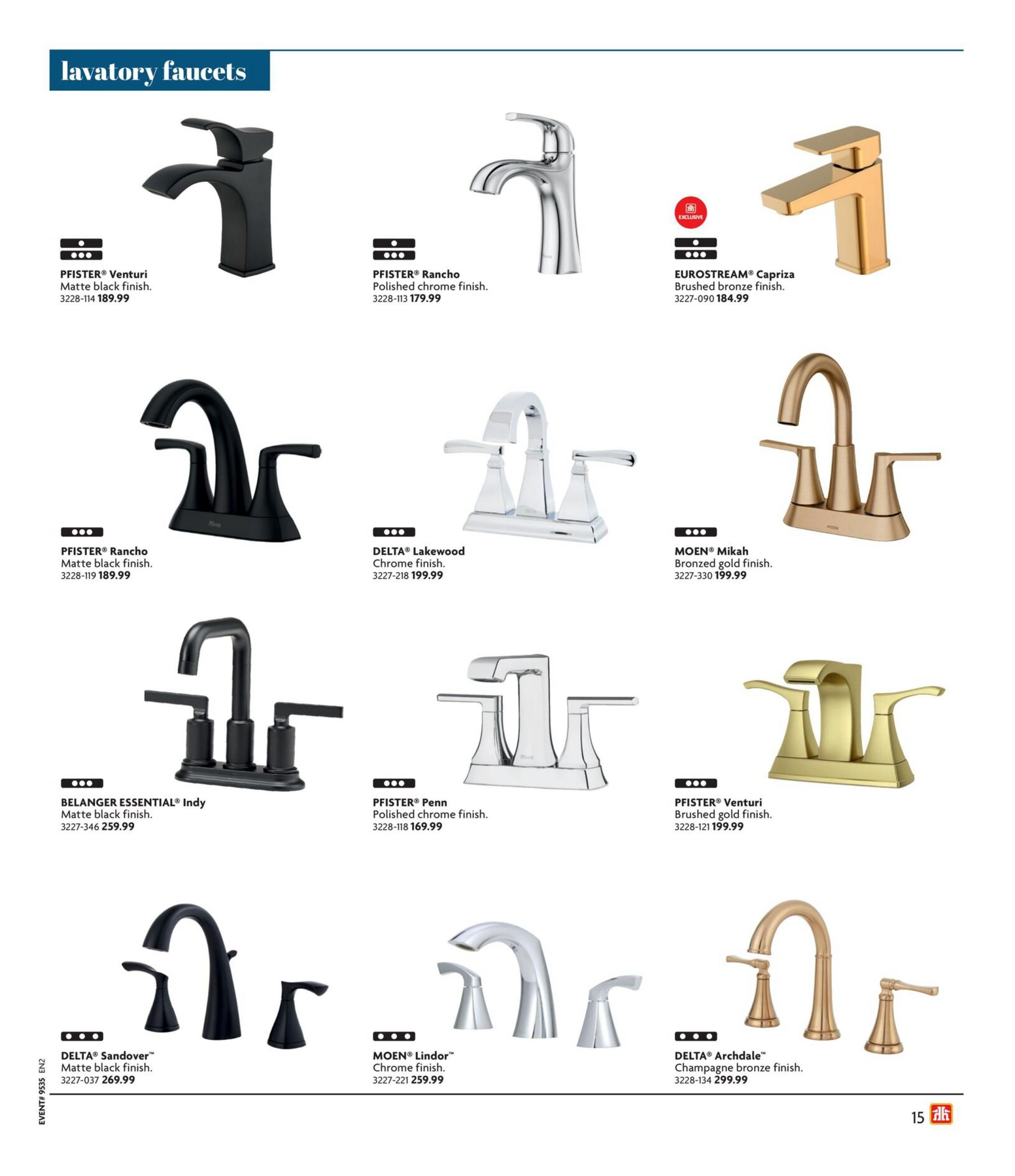 Home Hardware flyer page featuring lavatory faucets. Products include PFISTER® Venturi in matte black finish for $189.99, PFISTER® Rancho in polished chrome finish for $179.99, and EUROSTREAM® Capriza in brushed bronze finish for $184.99. Also shown are PFISTER® Rancho in matte black finish for $189.99, DELTA® Lakewood in chrome finish for $199.99, and MOEN® Mikah in bronzed gold finish for $199.99. Additional faucets are BELANGER ESSENTIAL® Indy in matte black finish for $259.99, PFISTER® Penn in polished chrome finish for $169.99, and PFISTER® Venturi in brushed gold finish for $199.99. The page also displays DELTA® Sandover™ in matte black finish for $269.99, MOEN® Lindor™ in chrome finish for $259.99, and DELTA® Archdale™ in champagne bronze finish for $299.99.