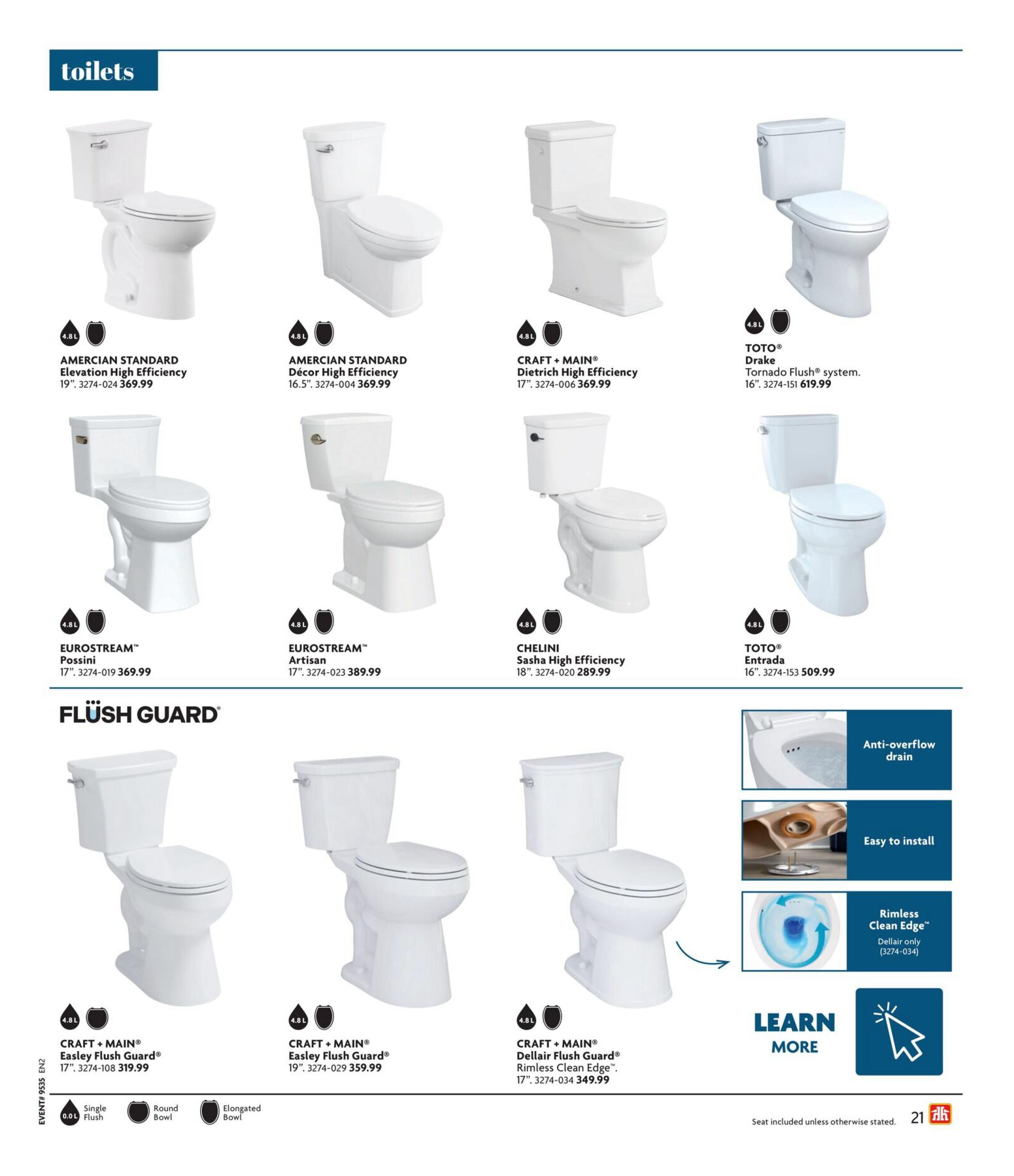 Home Hardware Atlantic flyer page 21 features a selection of toilets. Top row includes: AMERCIAN STANDARD Elevation High Efficiency 19' for $369.99, AMERCIAN STANDARD Décor High Efficiency 16.5' for $369.99, CRAFT + MAIN® Dietrich High Efficiency 17' for $369.99, and TOTO® Drake Tornado Flush® system 16' for $619.99. Second row showcases: EUROSTREAM™ Possini 17' for $369.99, EUROSTREAM™ Artisan 17' for $389.99, CHELINI Sasha High Efficiency 18' for $289.99, and TOTO® Entrada 16' for $509.99. The bottom section highlights CRAFT + MAIN® Easley Flush Guard® toilets in 17' for $319.99 and 19' for $359.99, and the CRAFT + MAIN® Dellaire Flush Guard® Rimless Clean Edge™ 17' for $349.99. Features like anti-overflow drain, easy installation, and rimless clean edge technology are also displayed. Options for single flush, round bowl, and elongated bowl are noted.