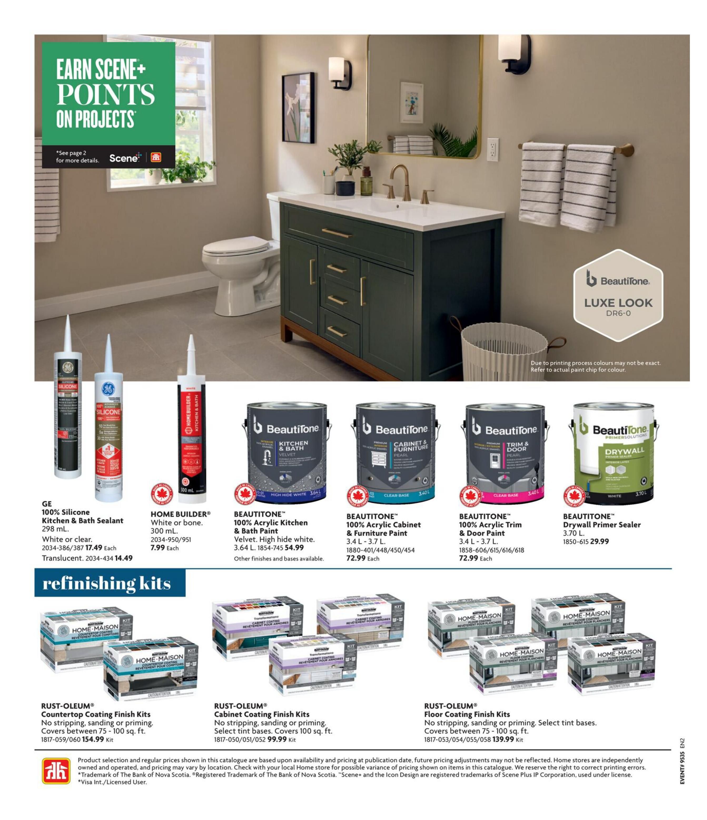 Home Hardware Atlantic flyer, page 24. Features GE 100% Silicone Kitchen & Bath Sealant in White or Clear for $17.49 and Translucent for $14.49. Also available is HOME BUILDER Kitchen & Bath Sealant in White or Bone, 300 mL, for $7.99. Beautitone offers 100% Acrylic Kitchen & Bath Paint in Velvet, High Hide White, 3.64 L for $54.99. Beautitone 100% Acrylic Cabinet & Furniture Paint, 3.4 L - 3.7 L, is priced at $72.99 each. Beautitone 100% Acrylic Trim & Door Paint, 3.4 L - 3.7 L, is also $72.99 each. Beautitone Drywall Primer Sealer, 3.70 L, is $29.99. Rust-Oleum Countertop Coating Finish Kits are $154.99 per kit. Rust-Oleum Cabinet Coating Finish Kits are $99.99 per kit. Rust-Oleum Floor Coating Finish Kits, covering 75-100 sq. ft., are $139.99 per kit. The top of the page highlights 'Earn Scene+ Points on Projects' and 'See page 2 for more details.