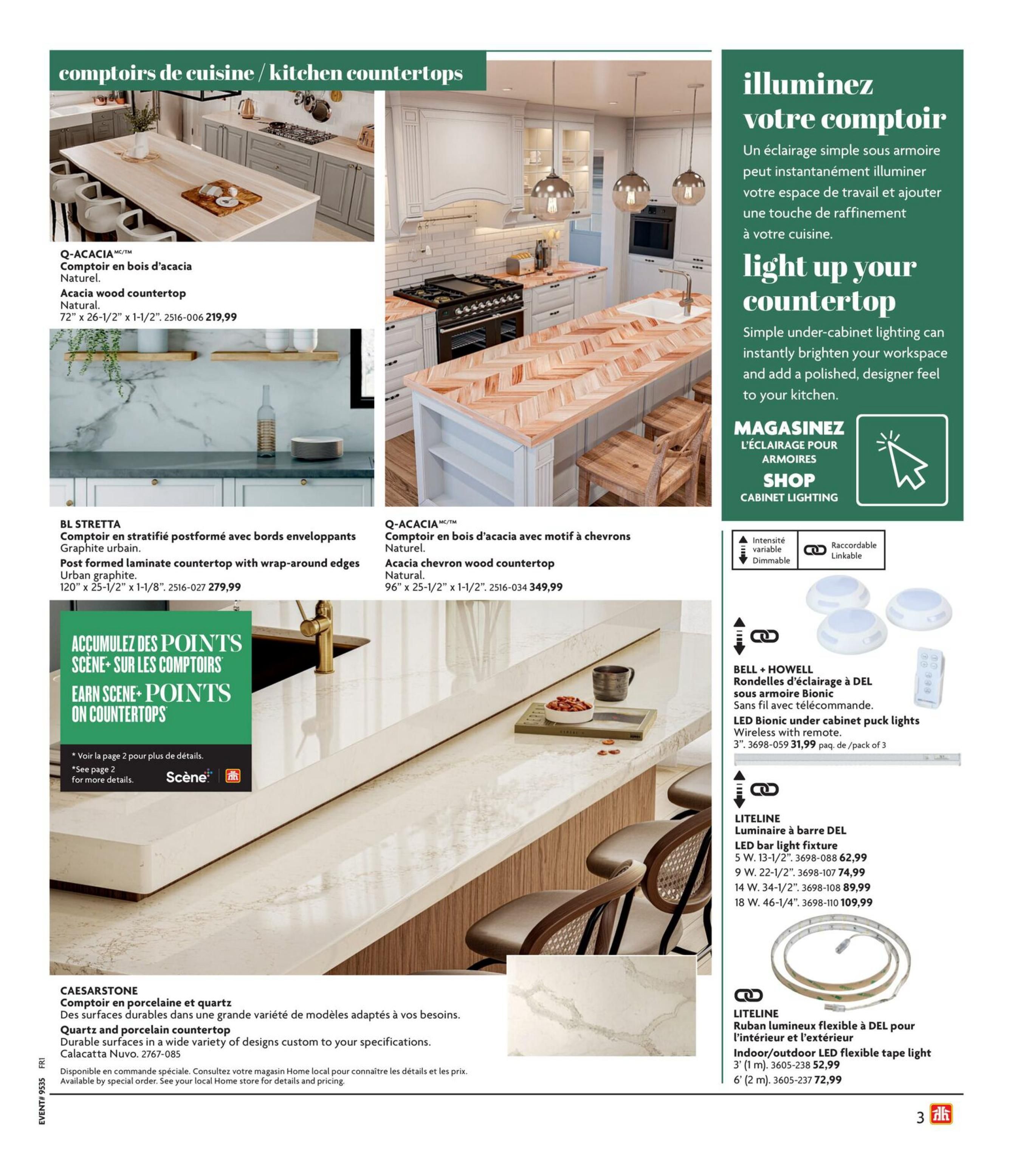 Home Hardware flyer page 3 featuring kitchen countertops and under-cabinet lighting. Showcases Q-ACACIA countertops in Natural, including a 72' x 26-1/2' x 1-1/2' option for $219.99 and a 96' x 25-1/2' x 1-1/2' chevron pattern option for $349.99. Also features BL STRETTA post-formed laminate countertops with wrap-around edges in Urban graphite, measuring 120' x 25-1/2' x 1-1/8' for $279.99. A section highlights earning Scene+ points on countertops, with details on page 2. CAESARSTONE quartz and porcelain countertops are available by special order. The page also promotes under-cabinet lighting, including BELL + HOWELL LED Bionic under-cabinet puck lights (3-pack) for $31.99 and LITELINE LED bar light fixtures in various lengths (5W, 9W, 14W, 18W) with prices ranging from $62.99 to $109.99. LITELINE indoor/outdoor flexible LED tape lights are available in 3' (1m) for $52.99 and 6' (2m) for $72.99.