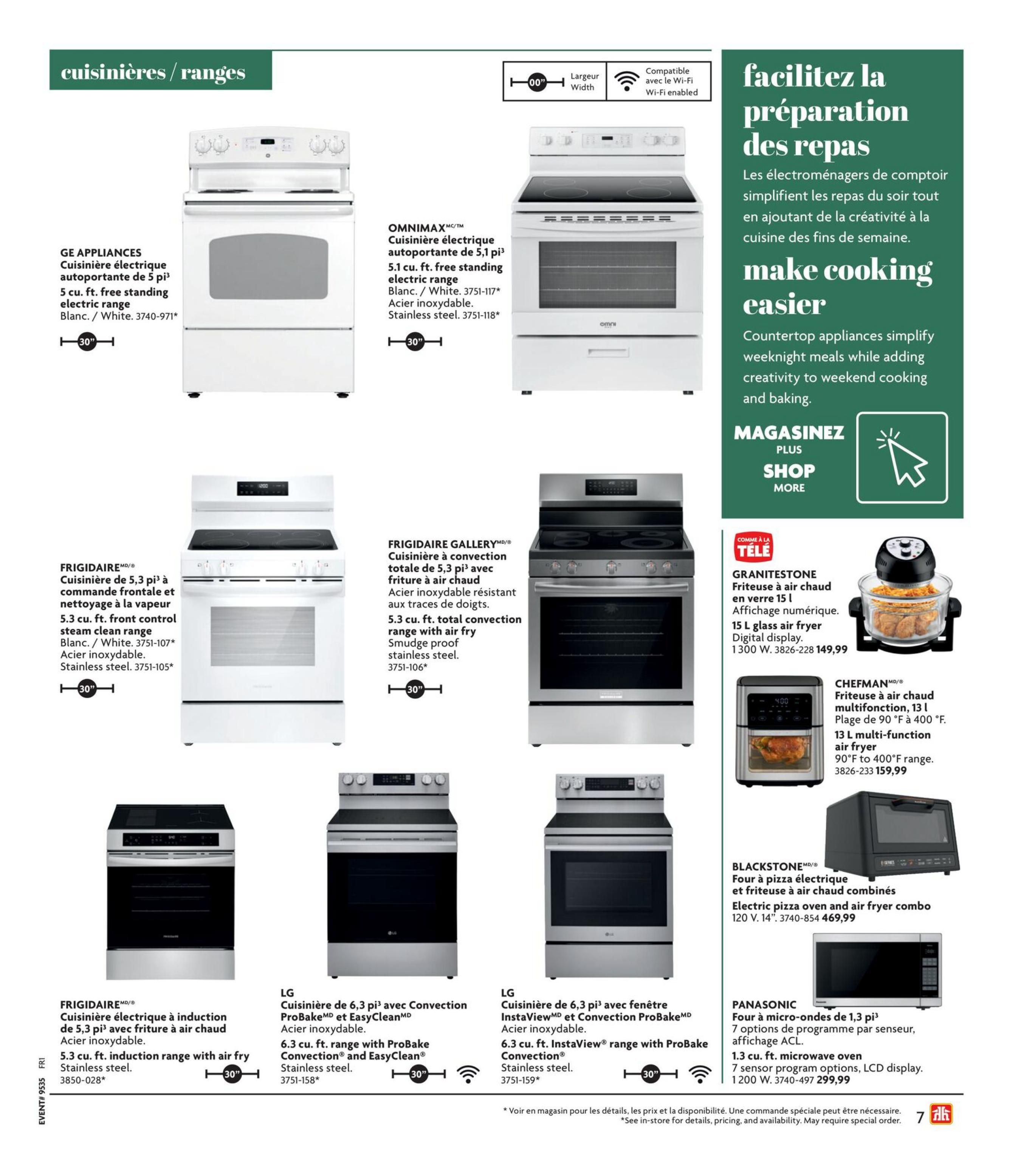 Home Hardware flyer page 7 features a selection of kitchen ranges and countertop appliances. Featured ranges include the GE Appliances 5 cu. ft. freestanding electric range in white for $30', the OMNIMAX 5.1 cu. ft. electric range in white or stainless steel for $30', the FRIGIDAIRE 5.3 cu. ft. front control steam clean range in stainless steel for $30', the FRIGIDAIRE GALLERY 5.3 cu. ft. total convection range with air fry in smudge-proof stainless steel for $30', and two LG 6.3 cu. ft. ranges with ProBake Convection and EasyClean, one with InstaView, both in stainless steel for $30'. Also showcased are countertop appliances: the GRANITESTONE 15 L glass air fryer with digital display for $149.99, the CHEFMAN 13 L multi-function air fryer for $159.99, and the PANASONIC 1.3 cu. ft. microwave oven with LCD display for $299.99. The page also includes a section titled 'Make Cooking Easier' promoting countertop appliances.