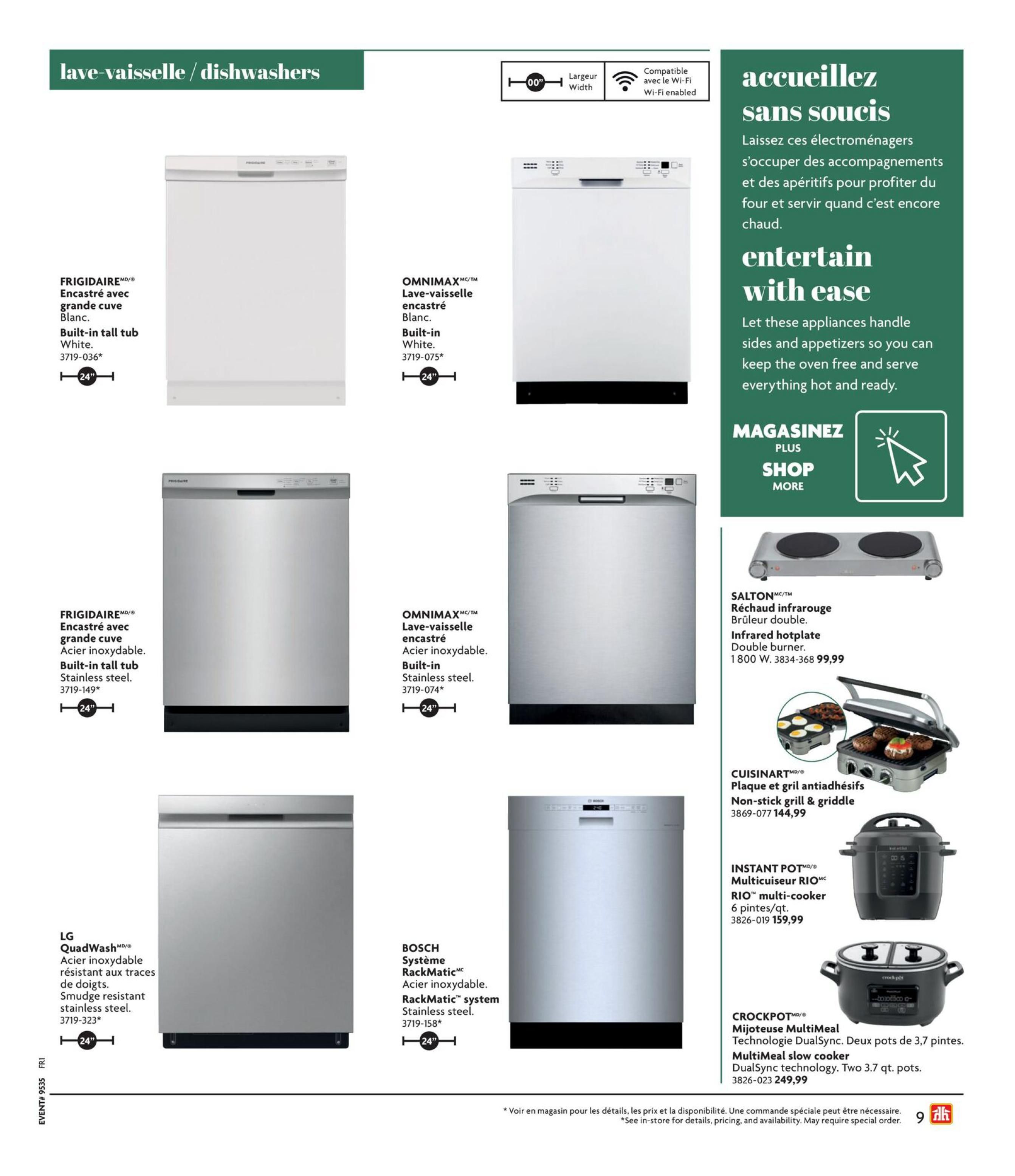 Home Hardware flyer page 9 features dishwashers and small kitchen appliances. Dishwashers include FRIGIDAIRE built-in tall tub in white and stainless steel, OMNIMAX built-in dishwashers in white and stainless steel, LG QuadWash smudge-resistant stainless steel dishwasher, and BOSCH RackMatic system dishwasher in stainless steel. Also featured are a SALTON infrared double burner hotplate for $99.99, a CUISINART non-stick grill & griddle, an INSTANT POT RIO multi-cooker for $159.99, and a CROCKPOT MultiMeal slow cooker for $249.99. Some appliances are Wi-Fi enabled. Text at the top right encourages entertaining with ease using these appliances.
