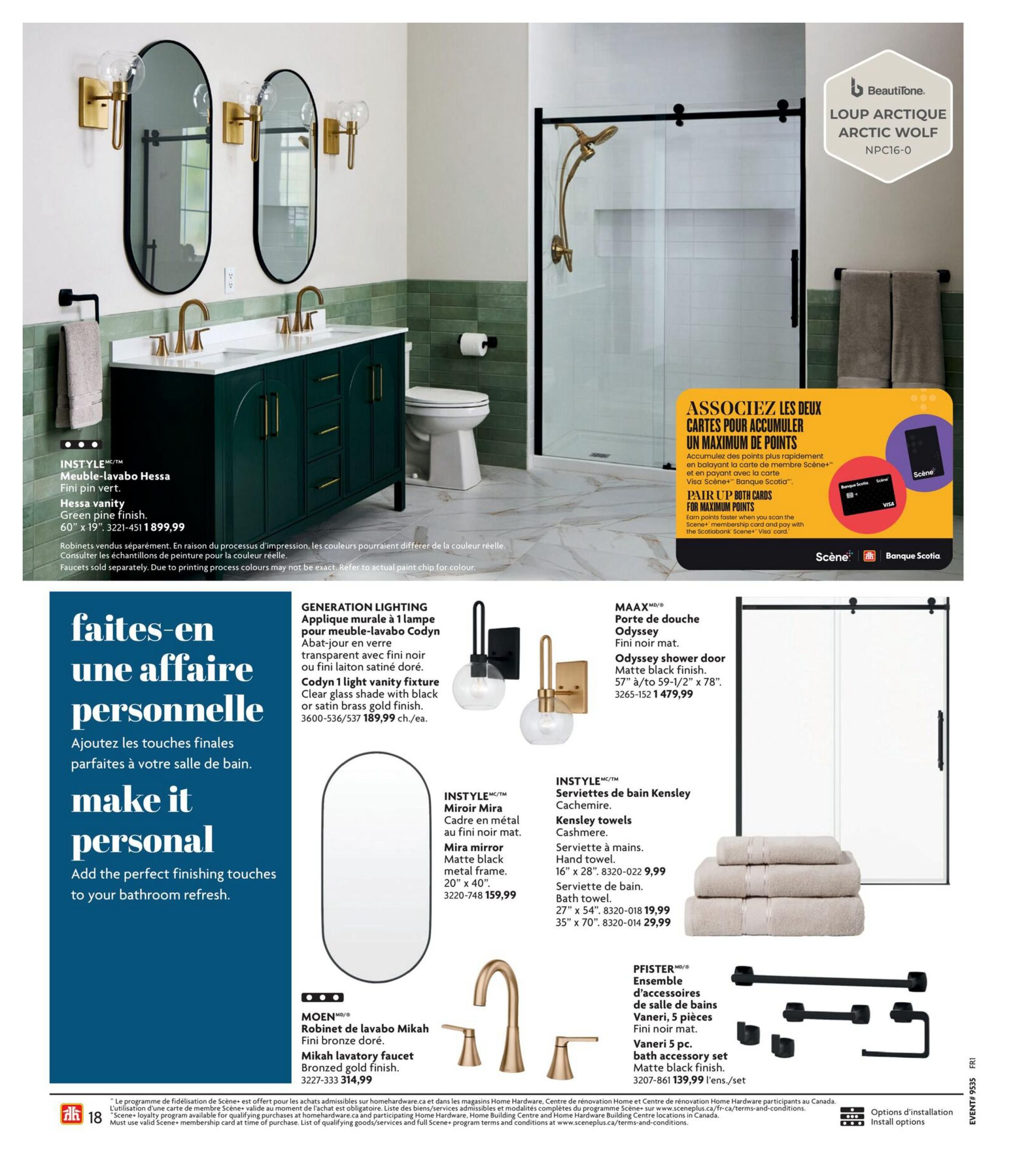 Home Hardware flyer page 18 features bathroom refresh items. The INSTYLE Hessa vanity in green pine finish, measuring 60' x 19', is priced at $1,899.99. Faucets are sold separately. The page also showcases the MAAX Odyssey shower door in matte black finish, 57' to 59-1/2' x 78', for $1,479.99. Lighting options include the GENERATION LIGHTING Codyn 1 light vanity fixture in clear glass with black or satin brass gold finish, priced at $189.99 each. Mirrors include the INSTYLE Mira matte black metal frame mirror, 20' x 40', for $159.99. Plumbing fixtures feature the MOEN Mikah lavatory faucet in bronzed gold finish for $314.99. Bathroom accessories include INSTYLE Kensley cashmere hand towels (16' x 28' for $9.99, 27' x 54' for $19.99, and 35' x 70' for $29.99) and a PFISTER Vaneri 5-piece matte black bath accessory set for $139.99 per set. The page also highlights a promotion to 'Pair Up Both Cards for Maximum Points' by scanning Scene+ membership cards and paying with a Scotiabank Scene+ Visa card. The page includes the Home Hardware logo and event number 9535.