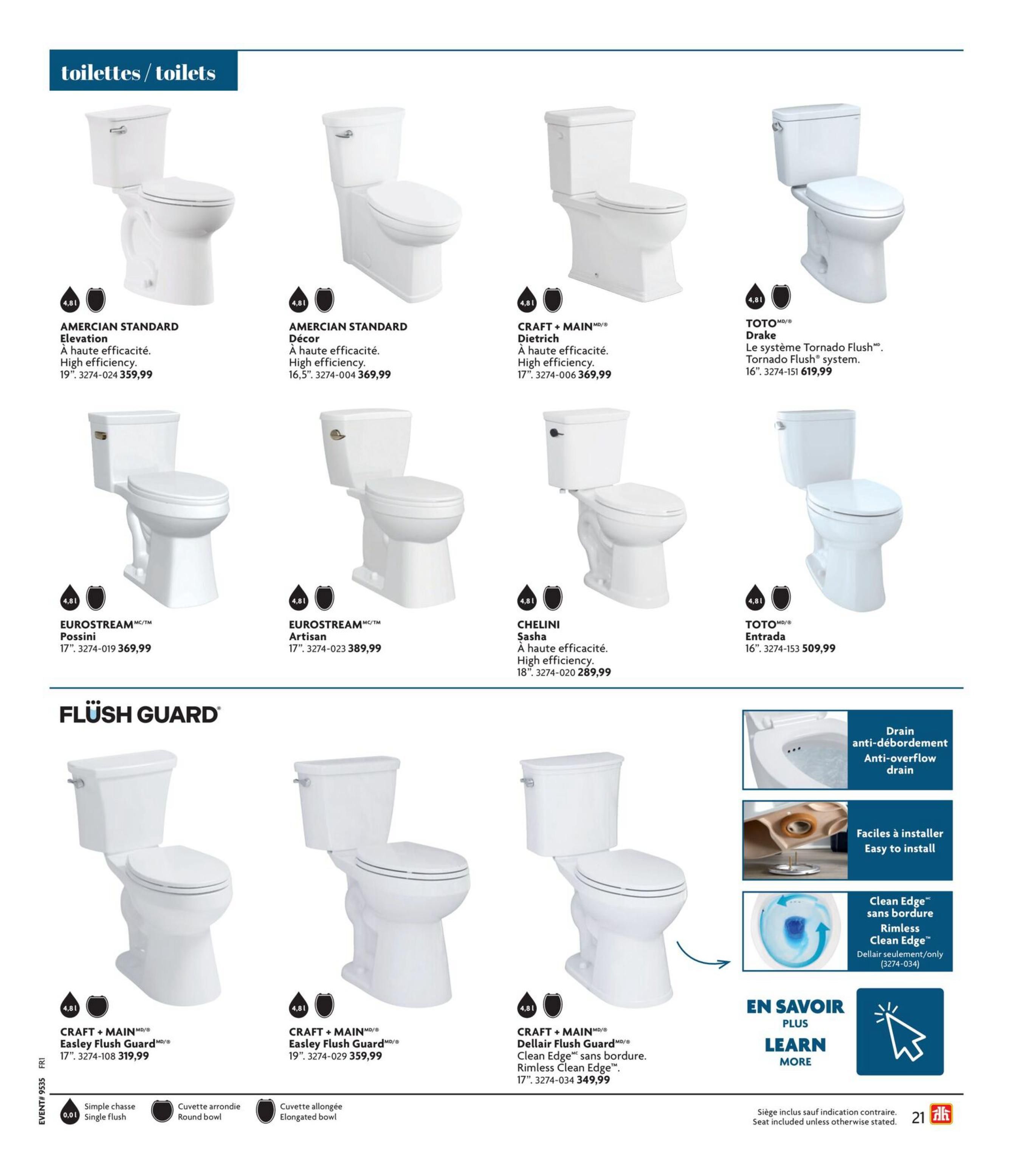 Home Hardware flyer page 21 featuring a selection of toilets and flush guard technology. Products include American Standard Elevation toilet for $359.99 and American Standard Decor toilet for $369.99. Also featured are Craft + Main Dietrich toilet for $369.99, Toto Drake toilet with Tornado Flush system for $619.99, and Toto Entrada toilet for $509.99. Additional Craft + Main toilets are available: Easley Flush Guard in 17' for $319.99 and 19' for $359.99, and Dellair Flush Guard Rimless Clean Edge for $349.99. The page highlights Flush Guard technology with features like anti-overflow drain and easy installation. Options for single flush, round bowl, and elongated bowl are indicated. A note states that seats are included unless otherwise indicated.