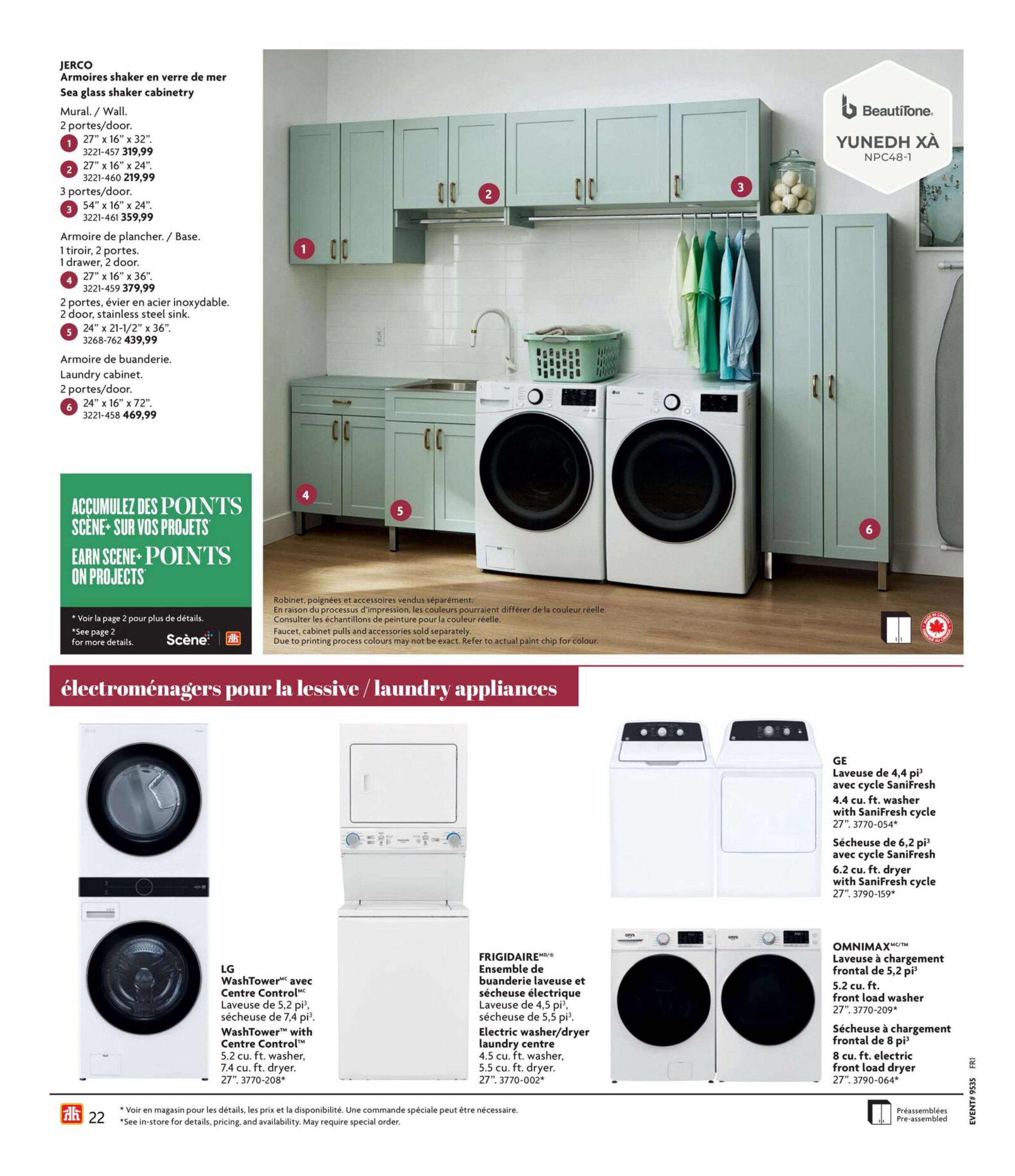 Home Hardware flyer page 22 showcasing sea glass shaker cabinetry and laundry appliances. The cabinetry includes mural/wall units in various sizes: 27' x 16' x 32' for $319.99, 27' x 16' x 24' for $219.99, and 54' x 16' x 24' for $359.99. Base cabinets are also available, including a 1-drawer, 2-door unit measuring 27' x 16' x 36' for $379.99, and a 2-door stainless steel sink unit measuring 24' x 21-1/2' x 36' for $439.99. A 2-door laundry cabinet measuring 24' x 16' x 72' is priced at $469.99. The page also features a section on earning Scene+ points on projects. Below the cabinetry, various laundry appliances are displayed: LG WashTower with Centre Control (5.2 cu. ft. washer, 7.4 cu. ft. dryer) for $3770-208*; Frigidaire electric washer/dryer laundry centre (4.5 cu. ft. washer, 5.5 cu. ft. dryer) for $3770-002*; GE washer with SaniFresh cycle (4.4 cu. ft.) for $3770-054* and dryer with SaniFresh cycle (6.2 cu. ft.) for $3790-159*; and OMNIMAX front load washer (5.2 cu. ft.) for $3770-209* and electric front load dryer (8 cu. ft.) for $3790-064*. Note that faucets, cabinet pulls, and accessories are sold separately, and colours may vary due to printing processes. See in-store for details, pricing, and availability; special order may be required.