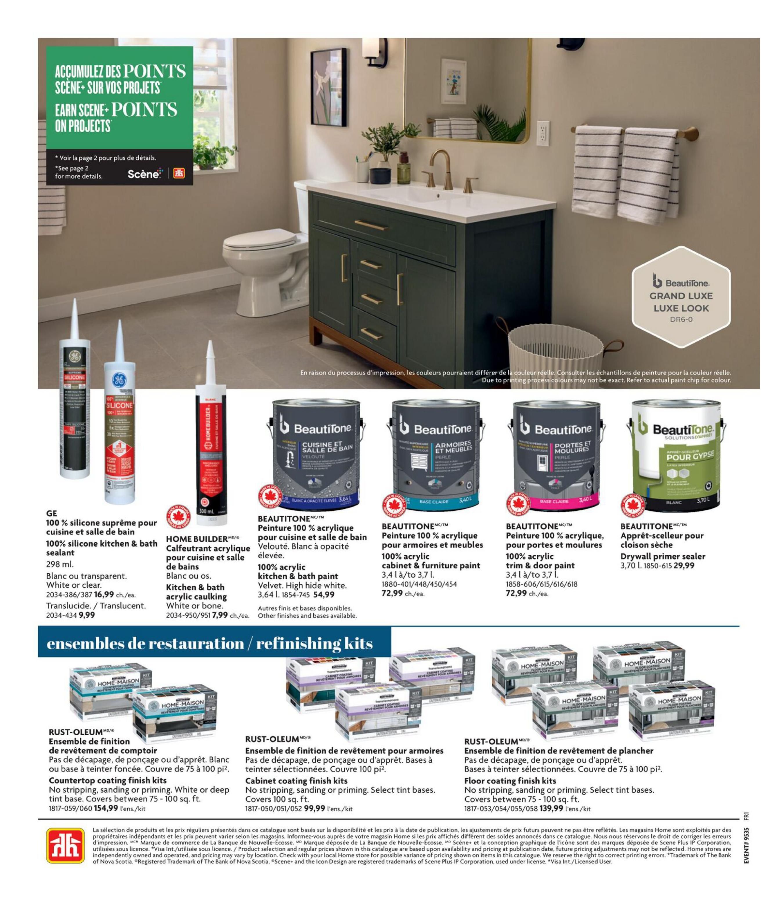 Home Hardware flyer page 24 featuring kitchen and bath renovation supplies. Includes GE 100% silicone kitchen & bath sealant in clear or transparent for $16.99 and translucent for $9.99. Home Builder acrylic caulking in white or bone is $7.99. Beautitone 100% acrylic paint for kitchen & bath in high hide white is $54.99 for 3.64 L. Beautitone 100% acrylic cabinet & furniture paint in light base is $72.99 for 3.4 L. Beautitone 100% acrylic trim & door paint in light base is $72.99 for 3.7 L. Beautitone drywall primer sealer is $29.99 for 3.70 L. Also features Rust-Oleum cabinet coating finish kits for $99.99 per kit and floor coating finish kits for $139.99 per kit. The top section highlights earning Scene+ points on projects.
