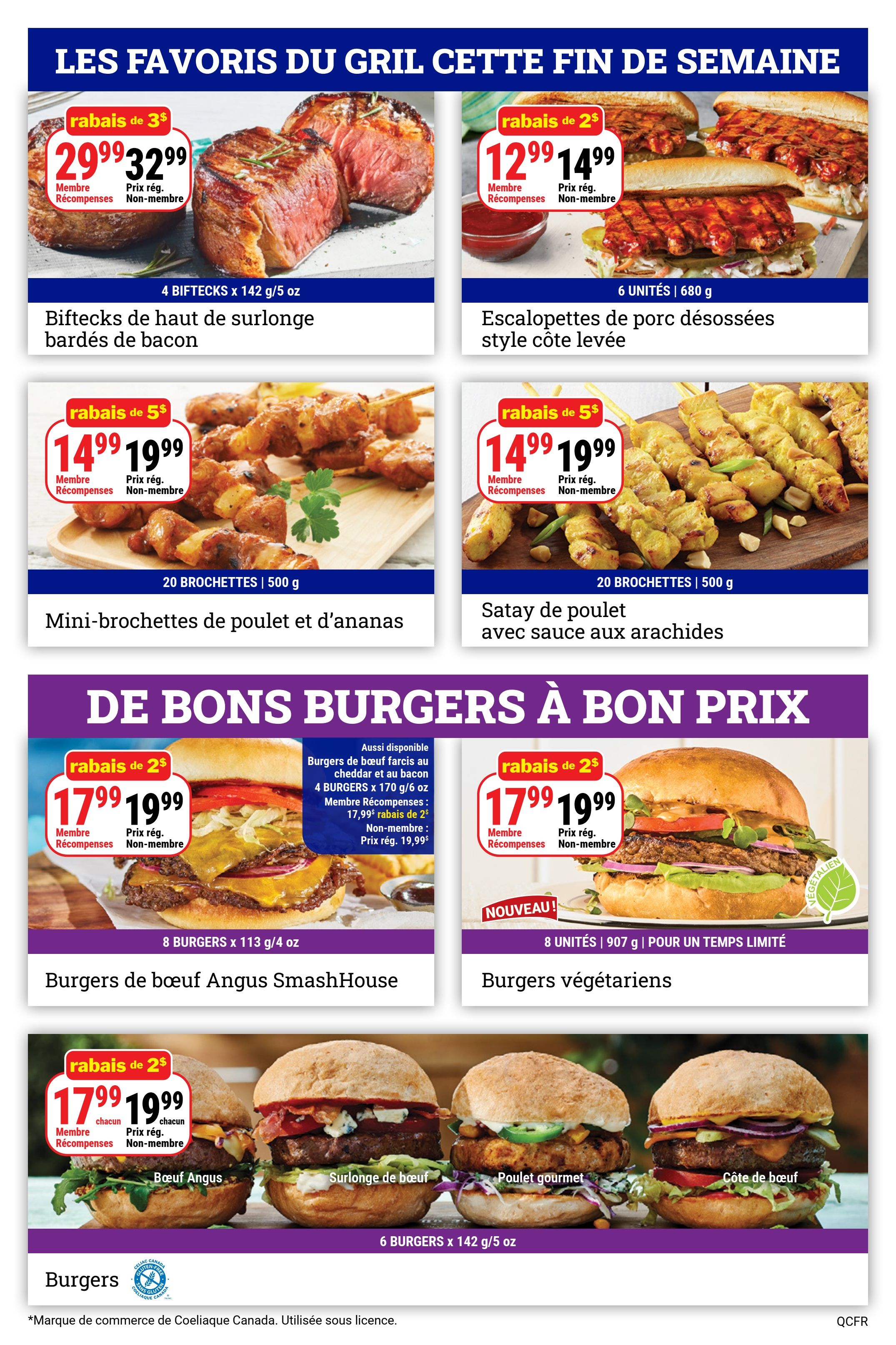 M&M Food Market weekly flyer specials page 2. Top row features 'Biftecks de haut de surlonge bardés de bacon' (Bacon-wrapped sirloin steaks) for $29.99 (member price) or $32.99 (regular price), a $3 discount, 4 steaks at 142g/5 oz. Next to it are 'Escalopes de porc désossées style côte levée' (Boneless pork cutlets, rib style) for $12.99 (member price) or $14.99 (regular price), a $2 discount, 6 units at 680g. Middle row shows 'Mini-brochettes de poulet et d'ananas' (Mini chicken and pineapple skewers) for $14.99 (member price) or $19.99 (regular price), a $5 discount, 20 skewers at 500g. Beside them are 'Satay de poulet avec sauce aux arachides' (Chicken satay with peanut sauce) for $14.99 (member price) or $19.99 (regular price), a $5 discount, 20 skewers at 500g. The bottom section highlights 'De Bons Burgers à Bon Prix' (Great Burgers at a Great Price). Featured are 'Burgers de boeuf Angus SmashHouse' (Angus SmashHouse Beef Burgers) for $17.99 (member price) or $19.99 (regular price), a $2 discount, 8 burgers at 113g/4 oz. Also available are 'Burgers végétariens' (Vegetarian Burgers), 8 units at 907g, for a limited time. Below that, a selection of burgers are shown: 'Bœuf Angus' (Angus Beef), 'Surlonge de boeuf' (Beef Sirloin), 'Poulet gourmet' (Gourmet Chicken), and 'Côte de boeuf' (Beef Rib), 6 burgers at 142g/5 oz each.