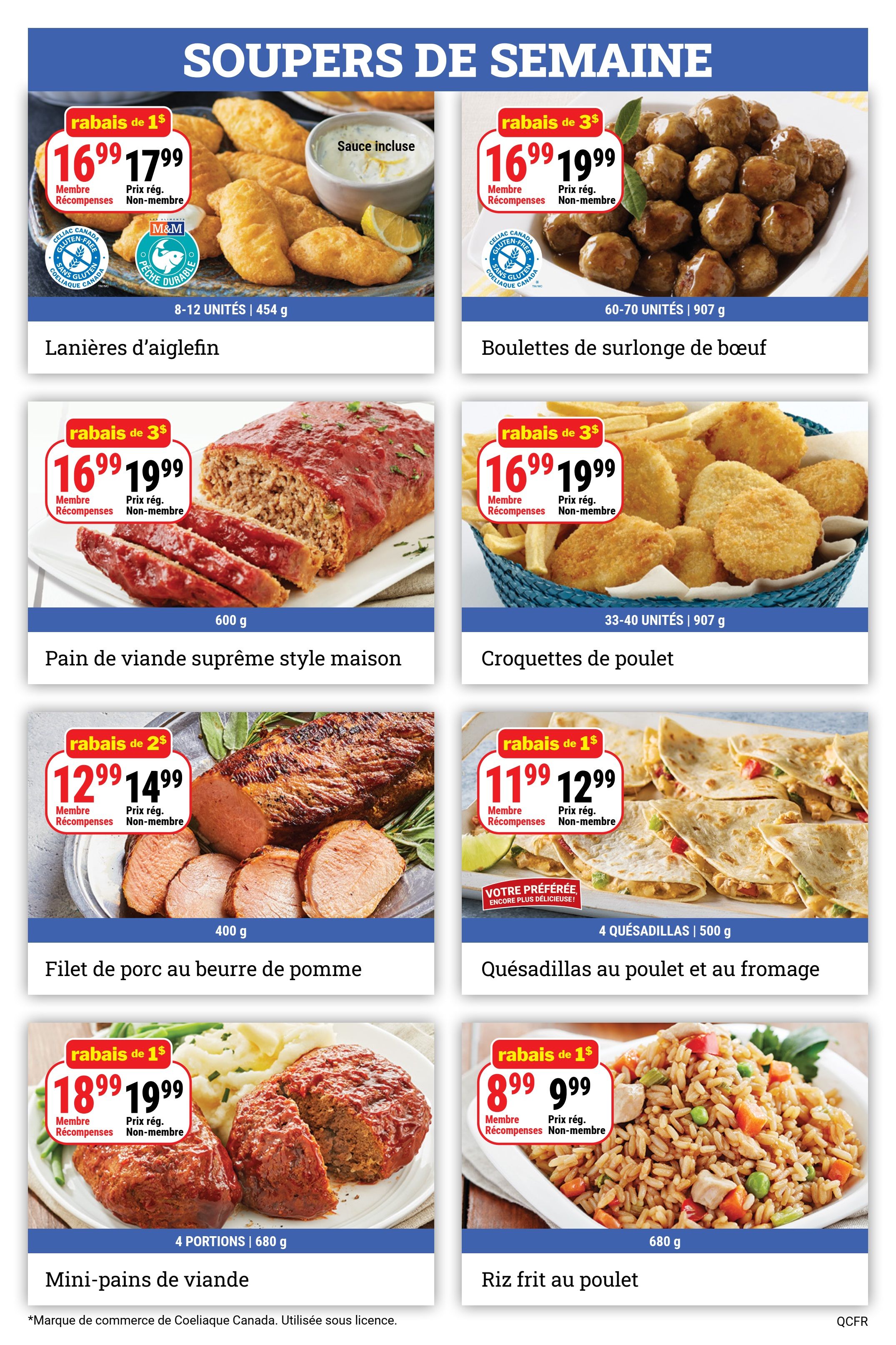 M&M Food Market weekly flyer specials page 3 features a variety of frozen meals. Top row includes Haddock Strips for $16.99 (member price) or $17.99 (non-member), with a $1 discount, and Beef Sirloin Meatballs for $16.99 (member price) or $19.99 (non-member), with a $3 discount. Middle row showcases Homestyle Supreme Meatloaf for $16.99 (member price) or $19.99 (non-member), with a $3 discount, and Chicken Croquettes for $16.99 (member price) or $19.99 (non-member), with a $3 discount. Bottom row features Pork Tenderloin with Apple Butter Sauce for $12.99 (member price) or $14.99 (non-member), with a $2 discount, Chicken and Cheese Quesadillas for $11.99 (member price) or $12.99 (non-member), with a $1 discount, and Mini Meatloaves for $18.99 (member price) or $19.99 (non-member), with a $1 discount. Finally, Chicken Fried Rice is available for $8.99 (member price) or $9.99 (non-member), with a $1 discount.