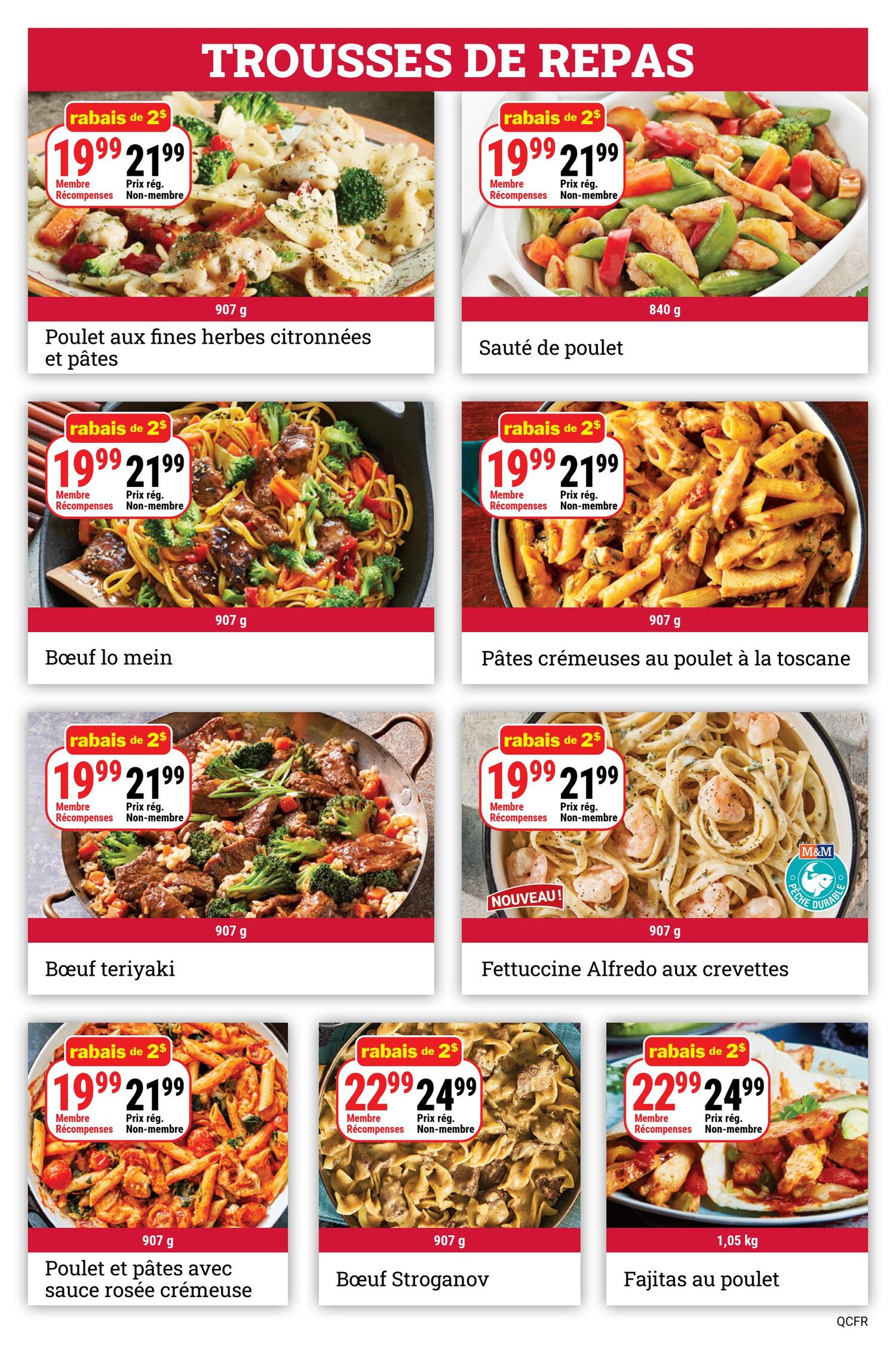 M&M Food Market weekly flyer specials page 4 features a variety of meal kits. Top row includes Lemon Herb Chicken and Pasta for $19.99 (member price) or $21.99 (regular price) for 907g, and Chicken Stir-fry for $19.99 (member price) or $21.99 (regular price) for 840g. Middle row showcases Lo Mein Beef for $19.99 (member price) or $21.99 (regular price) for 907g, Creamy Tuscan Chicken Pasta for $19.99 (member price) or $21.99 (regular price) for 907g, and a new item, Shrimp Fettuccine Alfredo for $19.99 (member price) or $21.99 (regular price) for 907g. Bottom row features Creamy Pink Sauce Chicken and Pasta for $19.99 (member price) or $21.99 (regular price) for 907g, Beef Stroganoff for $22.99 (member price) or $24.99 (regular price) for 907g, and Chicken Fajitas for $22.99 (member price) or $24.99 (regular price) for 1.05kg. All items offer a $2 discount for members.