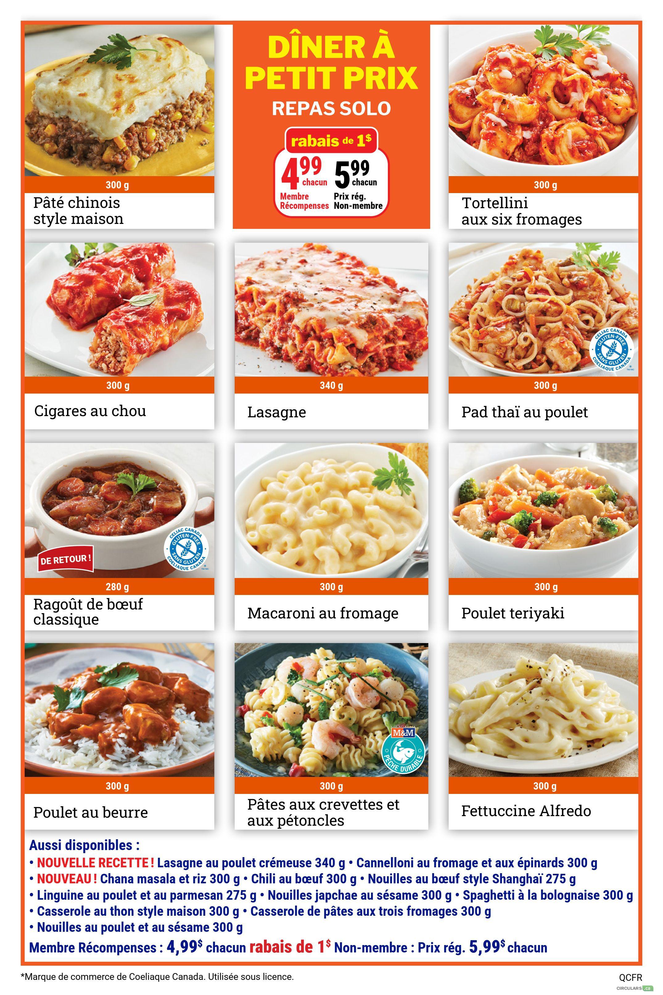 M&M Food Market weekly flyer specials page 5 features a 'Dinner at a Little Price' section with solo meals. Pictured are: 300 g Pâté chinois style maison (Shepherd's Pie), 300 g Tortellini aux six fromages (Six Cheese Tortellini), 300 g Cigares au chou (Cabbage Rolls), 340 g Lasagne, 300 g Pad thaï au poulet (Chicken Pad Thai), 280 g Ragoût de boeuf classique (Classic Beef Stew), 300 g Macaroni au fromage (Macaroni and Cheese), 300 g Poulet teriyaki (Teriyaki Chicken), 300 g Poulet au beurre (Butter Chicken) served with rice, 300 g Pâtes aux crevettes et aux pétoncles (Shrimp and Scallop Pasta), and 300 g Fettuccine Alfredo. The flyer highlights a special offer: Member price is $4.99 each, with a $1 discount from the regular non-member price of $5.99 each. Additional available items include: NEW RECIPE! Creamy Chicken Lasagna 340 g, NEW! Chana Masala and Rice 300 g, Beef Chili 300 g, Shanghai Style Beef Noodles 275 g, Chicken and Parmesan Noodles 275 g, Japanese Style Noodles with Cheese 300 g, Homemade Tuna Casserole 300 g, Three Cheese Pasta Casserole 300 g, and Chicken and Sesame Noodles 300 g. The flyer also notes a Coeliac Canada Gluten-Free trademark used under license.