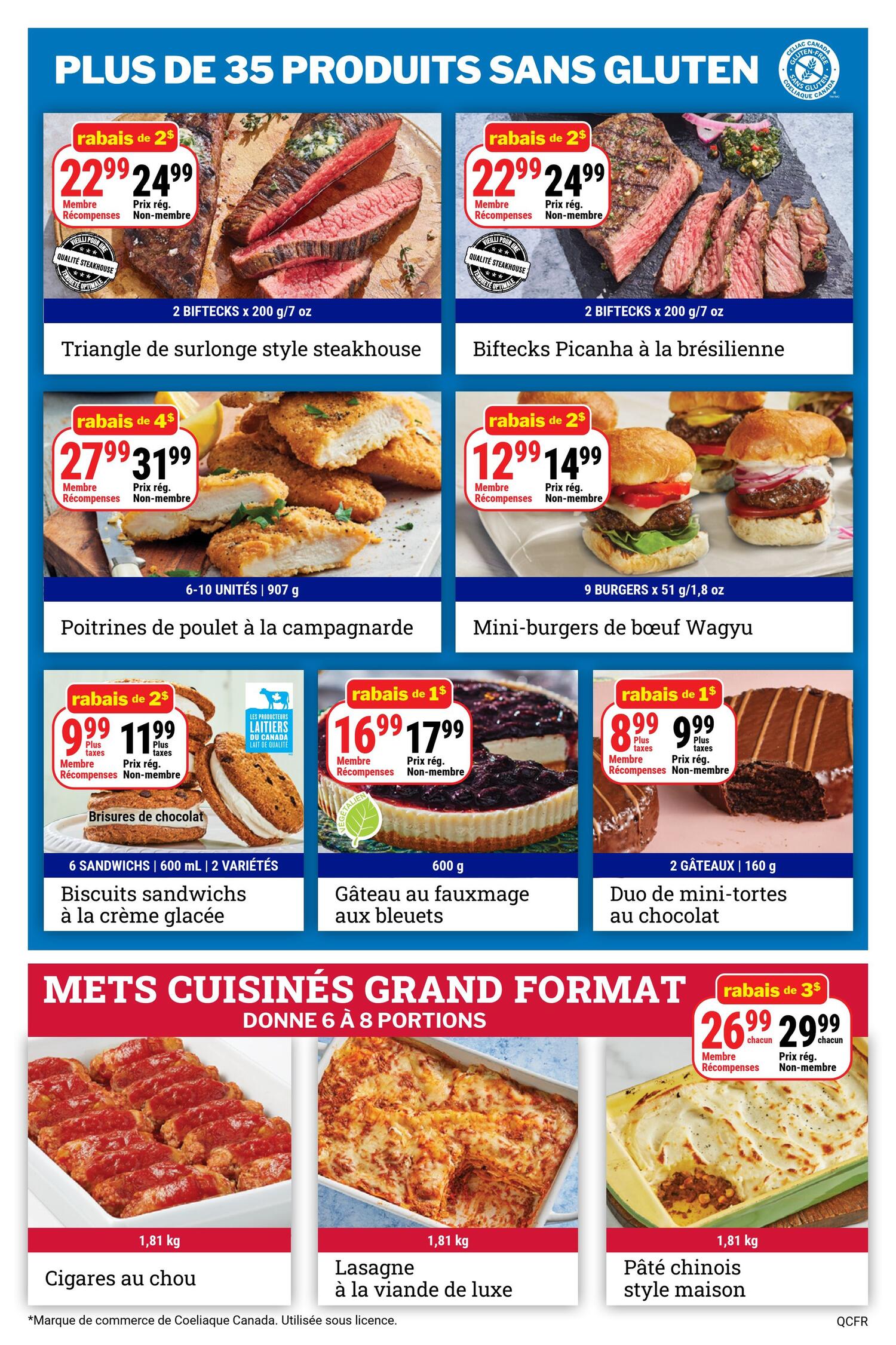 M&M Food Market weekly flyer specials page 6, featuring over 35 gluten-free products. Top row: 2 Biftecks x 200 g/7 oz 'Triangle de surlonge style steakhouse' on sale for $22.99 for members and $24.99 for non-members, a $2 discount. 2 Biftecks x 200 g/7 oz 'Biftecks Picanha à la brésilienne' also on sale for $22.99 for members and $24.99 for non-members, a $2 discount. Middle row: 6-10 units, 907 g 'Poitrines de poulet à la campagnarde' (breaded chicken breasts) on sale for $27.99 for members and $31.99 for non-members, a $4 discount. 9 Burgers x 51 g/1.8 oz 'Mini-burgers de boeuf Wagyu' on sale for $12.99 for members and $14.99 for non-members, a $2 discount. Bottom row: 6 Sandwiches, 600 ml, 2 varieties 'Biscuits sandwichs à la crème glacée' (ice cream sandwich cookies) on sale for $9.99 for members and $11.99 for non-members, a $2 discount. 600 g 'Gâteau au fauxmage aux bleuets' (blueberry cheesecake) on sale for $16.99 for members and $17.99 for non-members, a $1 discount. 2 Gâteaux, 160 g 'Duo de mini-tortas au chocolat' (chocolate mini-tortes) on sale for $8.99 for members and $9.99 for non-members, a $1 discount. Large format prepared meals, serving 6-8 portions: 1.81 kg 'Cigares au chou' (cabbage rolls) for $1.81 kg. 1.81 kg 'Lasagne à la viande de luxe' (deluxe meat lasagna) for $1.81 kg. 1.81 kg 'Pâté chinois style maison' (homestyle shepherd's pie) on sale for $26.99 each for members and $29.99 each for non-members, a $3 discount.
