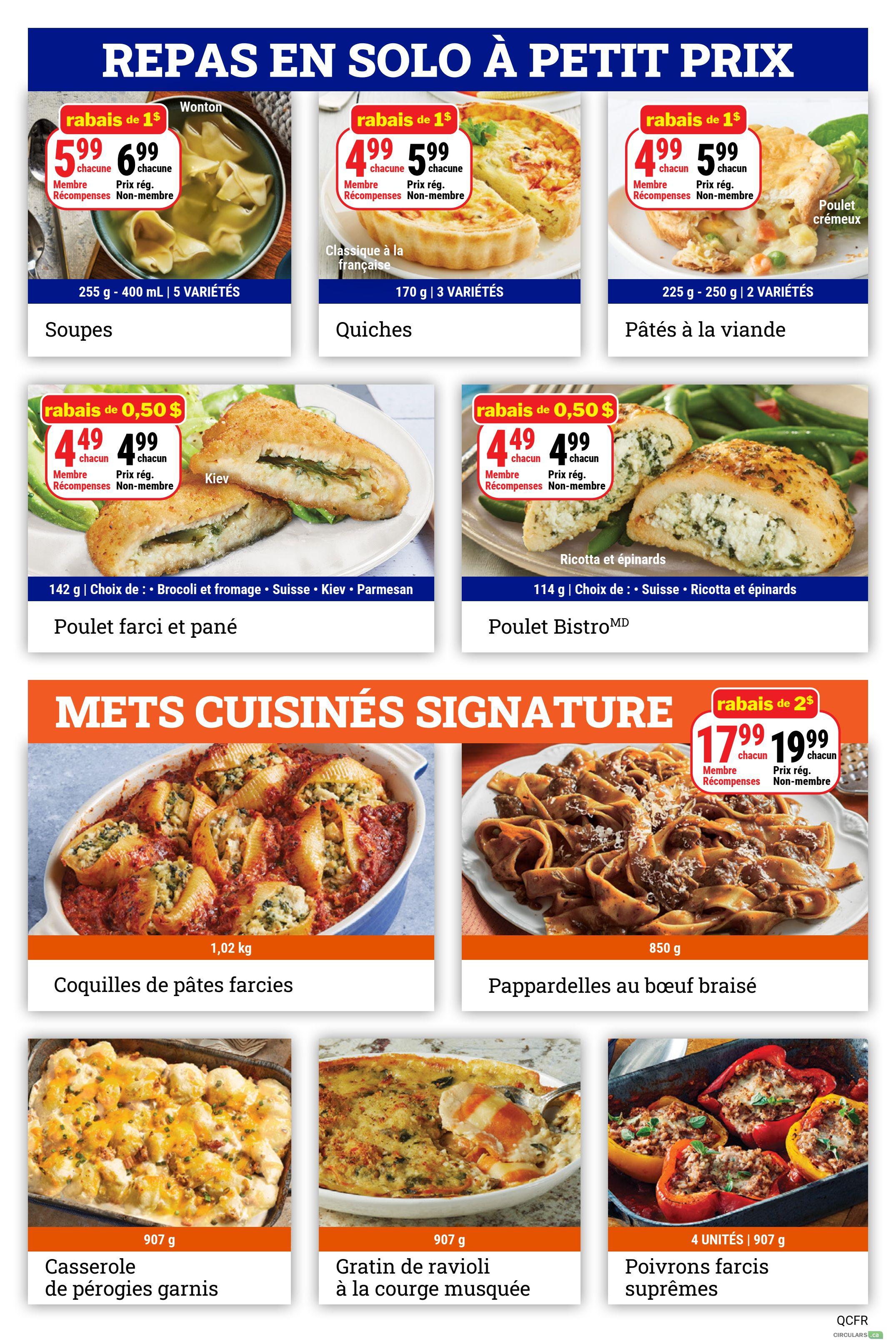 M&M Food Market weekly flyer specials page 8 features 'Meals at a Small Price'. Wonton Soups are on sale for $5.99 each (regular $6.99), 255 g - 400 mL, 5 varieties. Classic French Quiches are $4.99 each (regular $5.99), 170 g, 3 varieties. Creamy Chicken Pot Pies are $4.99 each (regular $5.99), 225 g - 250 g, 2 varieties. Also featured are 'Signature Cooked Meals'. Stuffed Pasta Shells are 1.02 kg. Braised Beef Pappardelles are 850 g and on sale for $17.99 each (regular $19.99). Other meals include Loaded Perogy Casserole (907 g), Butternut Squash Ravioli Gratin (907 g), and Supreme Stuffed Peppers (4 units, 907 g).