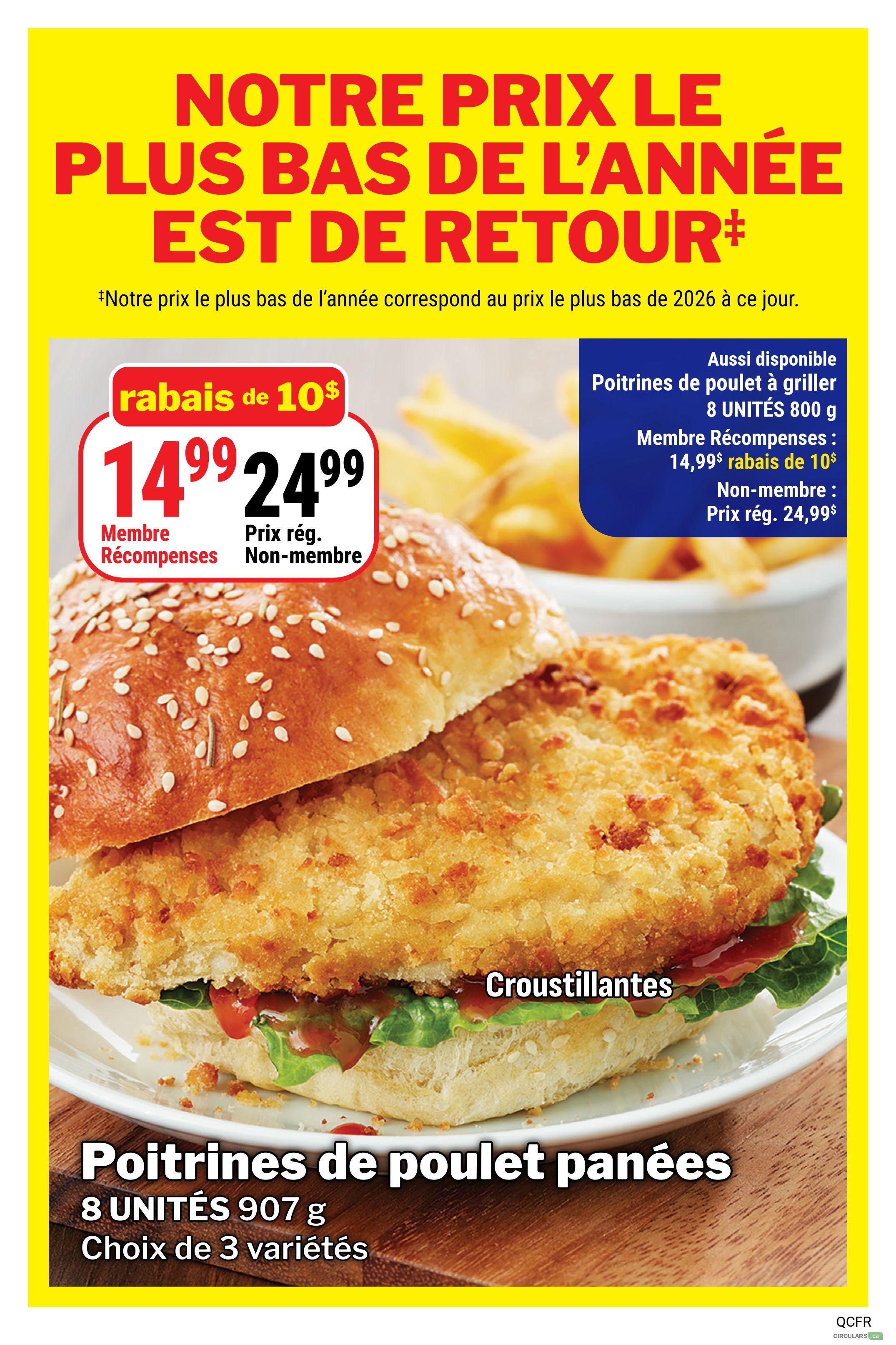 M&M Food Market weekly flyer specials page 10. Features a 'Our Lowest Price of the Year is Back!' promotion. Crispy breaded chicken fillets, 8 units, 907g, available in 3 varieties, are on sale. Rewards members pay $14.99, a $10 discount off the regular price of $24.99. Also available are grilled chicken fillets, 8 units, 800g, for Rewards members at $14.99 with a $10 discount, and non-members pay the regular price of $24.99.