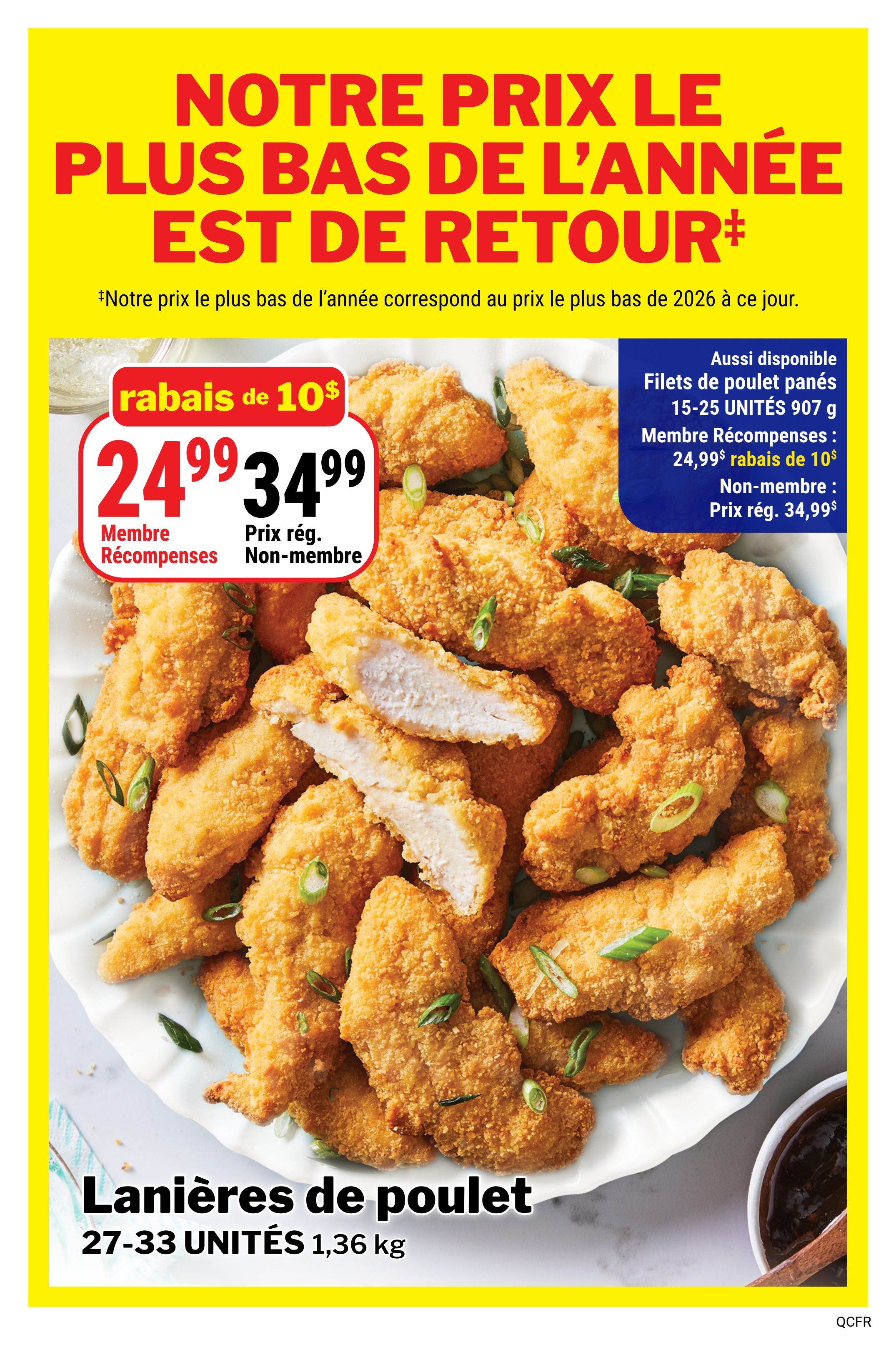 M&M Food Market flyer, page 11. Features a 'Our Lowest Price of the Year is Back!' promotion. Crispy breaded chicken tenders, 27-33 units, 1.36 kg, are on special. Rewards members pay $24.99 with a $10 discount, while non-members pay the regular price of $34.99. Also available are breaded chicken fillets, 15-25 units, 907 g, for Rewards members at $24.99 with a $10 discount, and $34.99 for non-members.