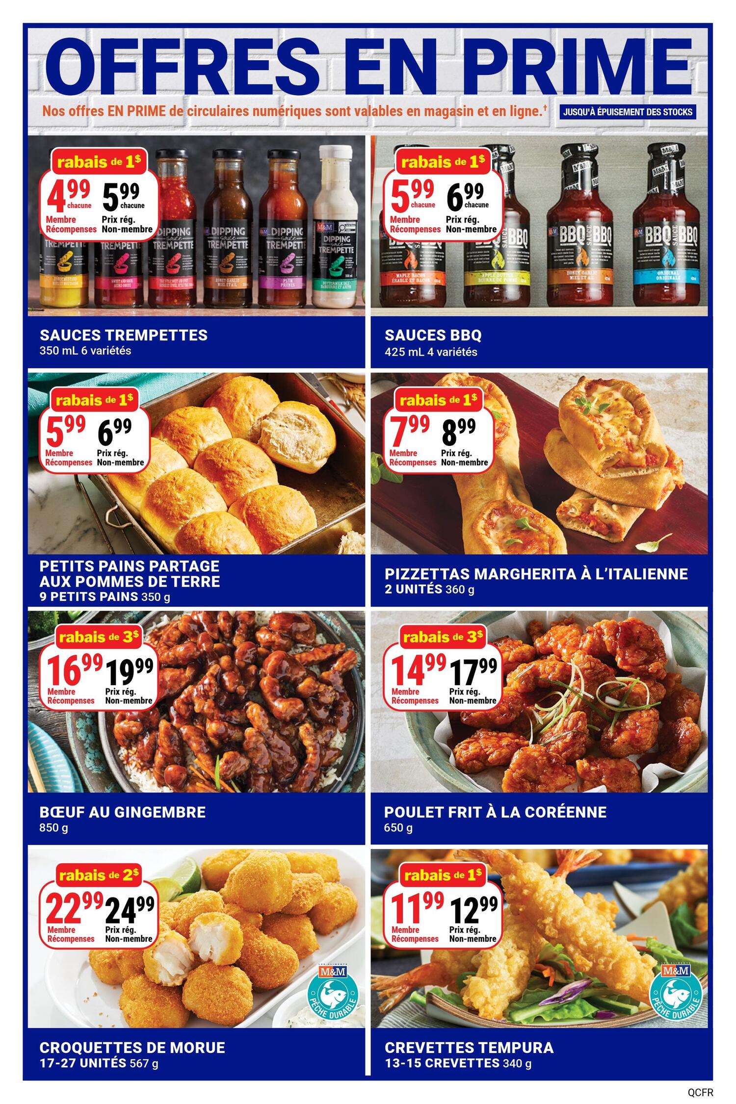 M&M Food Market weekly flyer specials page 12. Featured items include Dipping Sauces, 350 mL, 6 varieties, on sale for $4.99 each for members and $5.99 each for non-members, a $1 discount. BBQ Sauces, 425 mL, 4 varieties, are $5.99 each for members and $6.99 each for non-members, also a $1 discount. Potato Bread Rolls, 9 pieces, 350 g, are $5.99 for members and $6.99 for non-members, with a $1 discount. Margherita Pizzettas, 2 units, 360 g, are $7.99 for members and $8.99 for non-members, a $1 discount. Ginger Beef, 850 g, is $16.99 for members and $17.99 for non-members, a $3 discount. Korean Fried Chicken, 650 g, is $14.99 for members and $17.99 for non-members, a $3 discount. Cod Croquettes, 17-27 units, 567 g, are $22.99 for members and $24.99 for non-members, a $2 discount. Tempura Shrimp, 13-15 shrimp, 340 g, are $11.99 for members and $12.99 for non-members, a $1 discount.