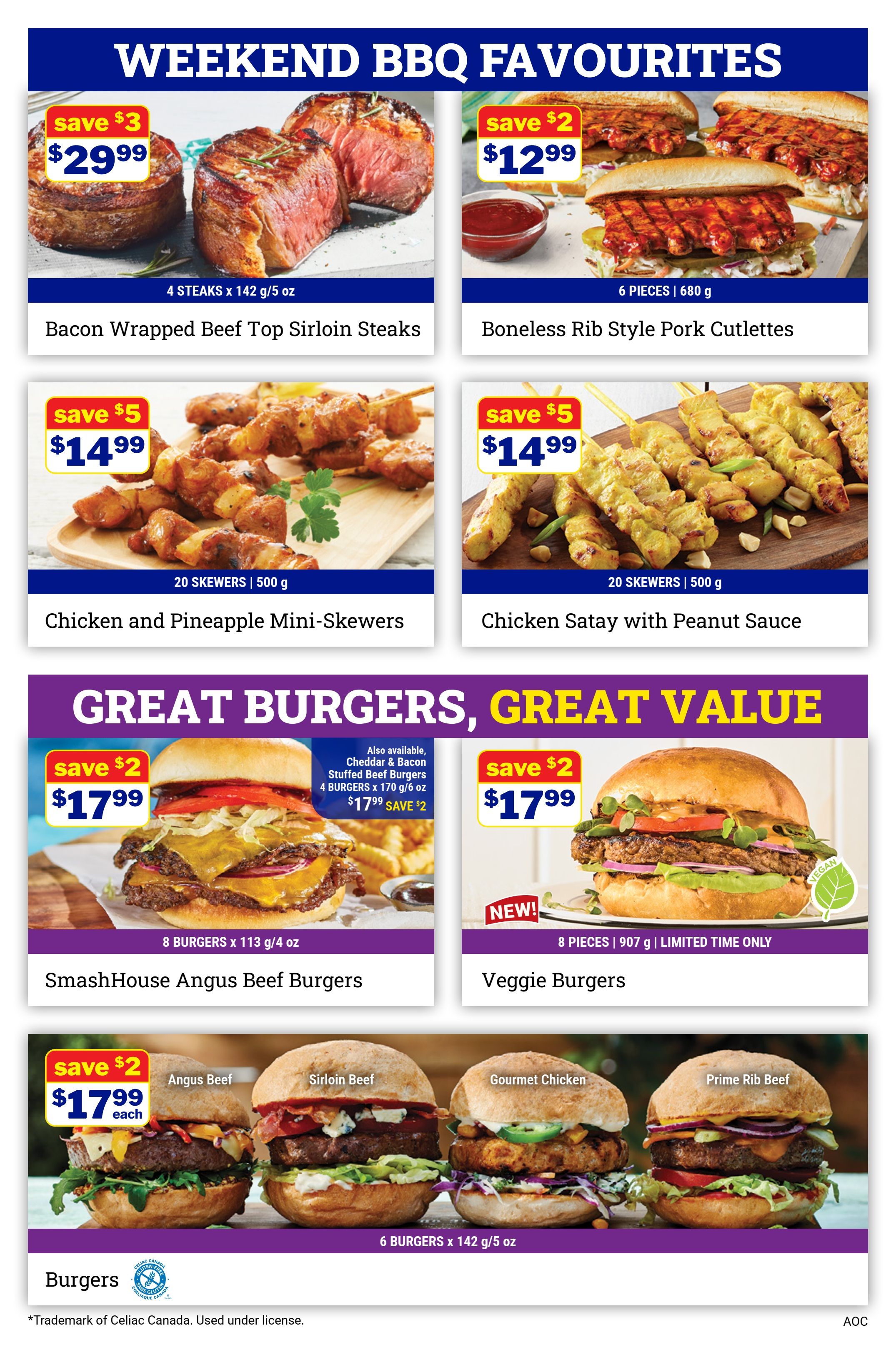 M&M Food Market Weekly Flyer Specials Page 2: Weekend BBQ Favourites featuring Bacon Wrapped Beef Top Sirloin Steaks, 4 steaks for $29.99 (save $3). Boneless Rib Style Pork Cutlettes, 6 pieces for $12.99 (save $2). Chicken and Pineapple Mini-Skewers, 20 skewers for $14.99 (save $5). Chicken Satay with Peanut Sauce, 20 skewers for $14.99 (save $5). Great Burgers, Great Value section includes SmashHouse Angus Beef Burgers, 8 burgers for $17.99 (save $2), and NEW! Veggie Burgers, 8 pieces for $17.99 (limited time only). Also featured are 6 Burgers for $17.99 each, including Angus Beef, Sirloin Beef, Gourmet Chicken, and Prime Rib Beef. The page also notes that Cheddar & Bacon Stuffed Beef Burgers are available for $17.99 (save $2). Trademark of Celiac Canada used under license.