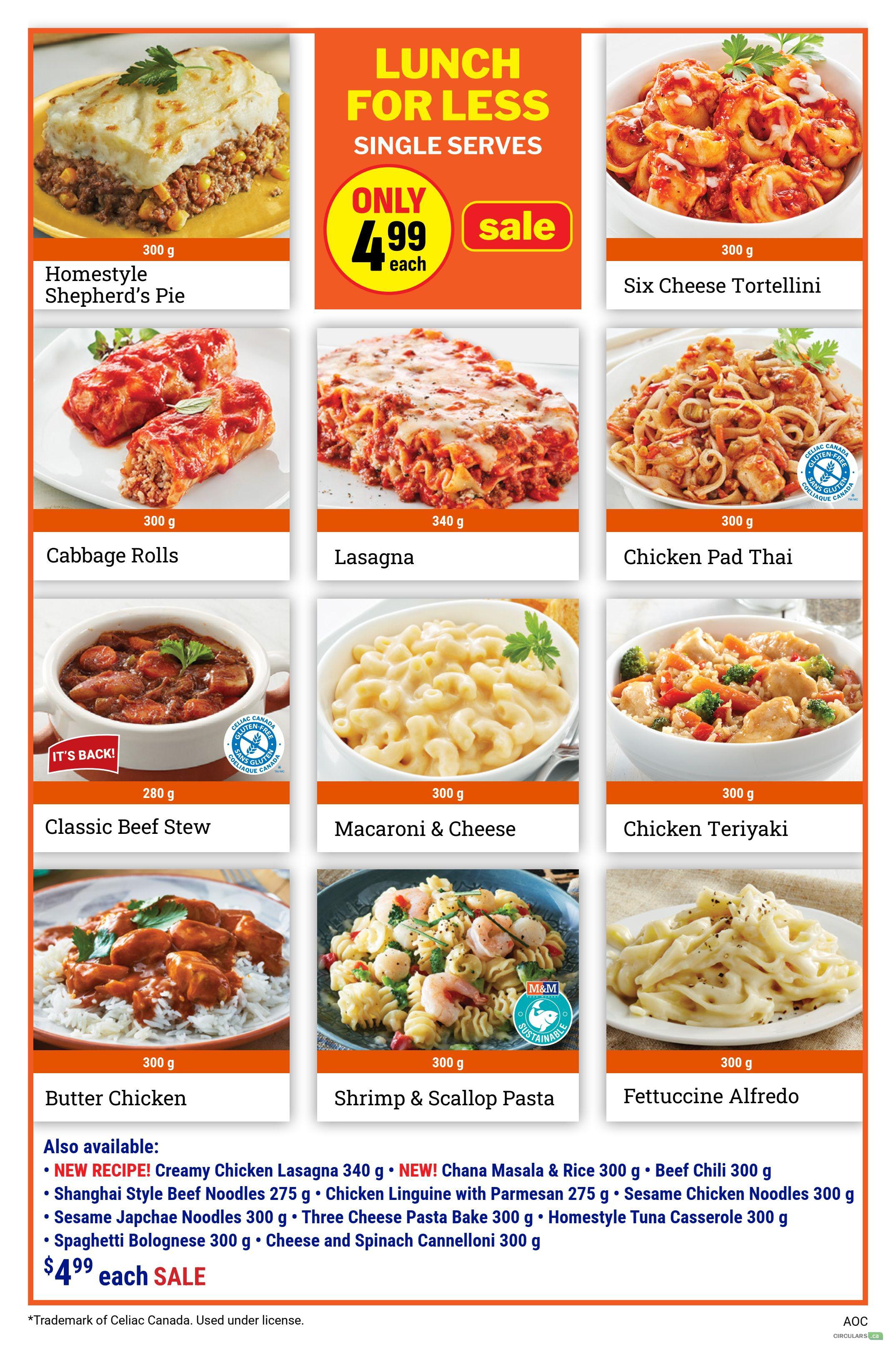 M&M Food Market weekly flyer specials page 5 featuring 'Lunch for Less Single Serves' with Homestyle Shepherd's Pie, Six Cheese Tortellini, Cabbage Rolls, Lasagna, Chicken Pad Thai, Classic Beef Stew, Macaroni & Cheese, Chicken Teriyaki, Butter Chicken, Shrimp & Scallop Pasta, and Fettuccine Alfredo. Several items are priced at $4.99 each. Also available are NEW RECIPE Creamy Chicken Lasagna 340 g, NEW Chana Masala & Rice 300 g, Beef Chili 300 g, Shanghai Style Beef Noodles 275 g, Chicken Linguine with Parmesan 275 g, Sesame Chicken Noodles 300 g, Three Cheese Pasta Bake 300 g, Homestyle Tuna Casserole 300 g, Spaghetti Bolognese 300 g, and Cheese and Spinach Cannelloni 300 g, all on sale for $4.99 each.