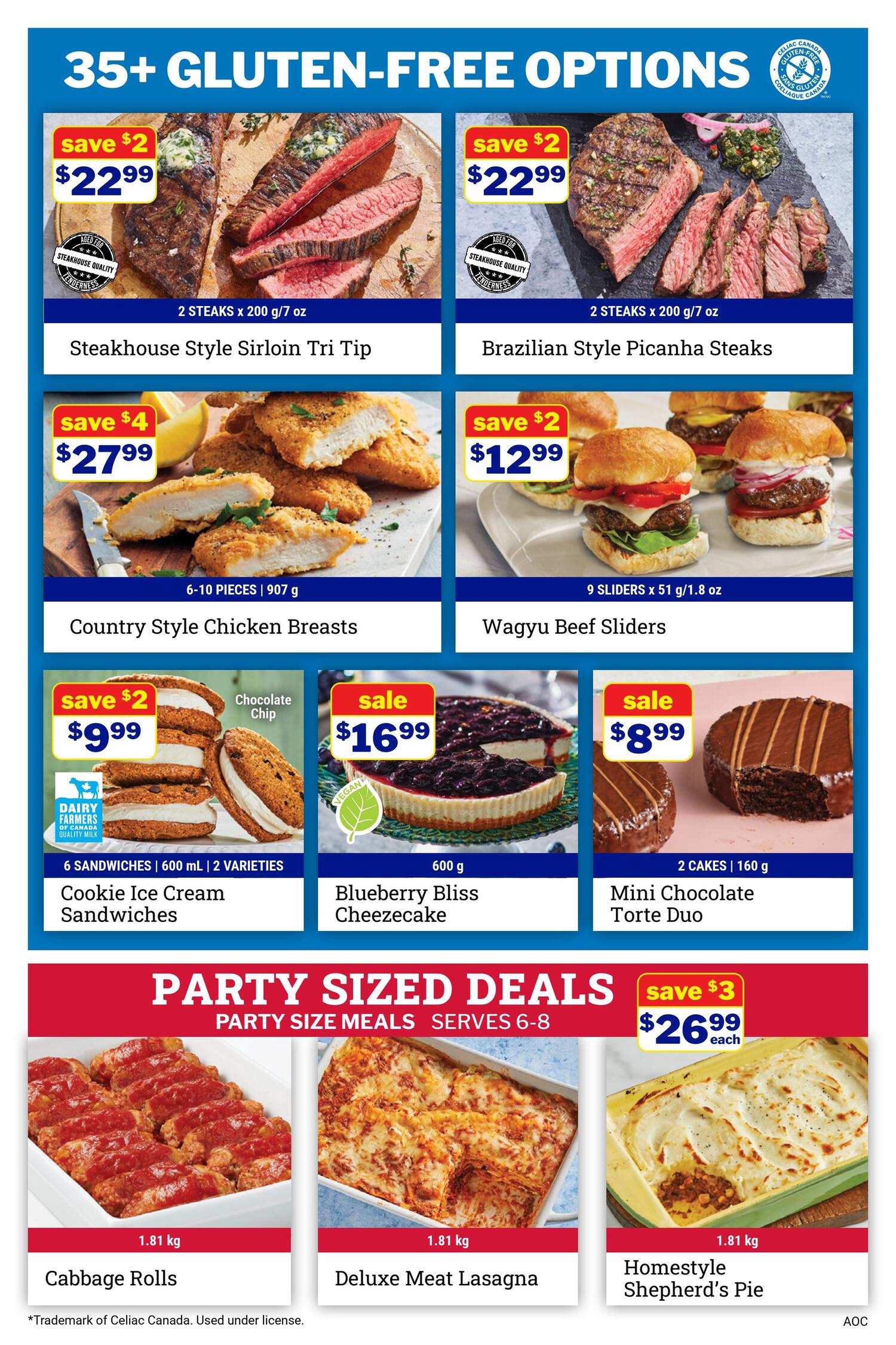 M&M Food Market flyer page 6 featuring 35+ gluten-free options. Top row: Save $2 on Steakhose Style Sirloin Tri Tip (2 steaks, 200g/7 oz) for $22.99 and save $2 on Brazilian Style Picanha Steaks (2 steaks, 200g/7 oz) for $22.99. Middle row: Save $4 on Country Style Chicken Breasts (6-10 pieces, 907g) for $27.99 and save $2 on Wagyu Beef Sliders (9 sliders, 51g/1.8 oz) for $12.99. Bottom row: Save $2 on Cookie Ice Cream Sandwiches (6 sandwiches, 600ml, 2 varieties) for $9.99, sale on Blueberry Bliss Cheesecake (600g) for $16.99, and save $3 on Mini Chocolate Torte Duo (2 cakes, 160g) for $8.99 each. Party sized deals include Cabbage Rolls (1.81 kg), Deluxe Meat Lasagna (1.81 kg), and Homestyle Shepherd's Pie (1.81 kg) for $26.99 each.