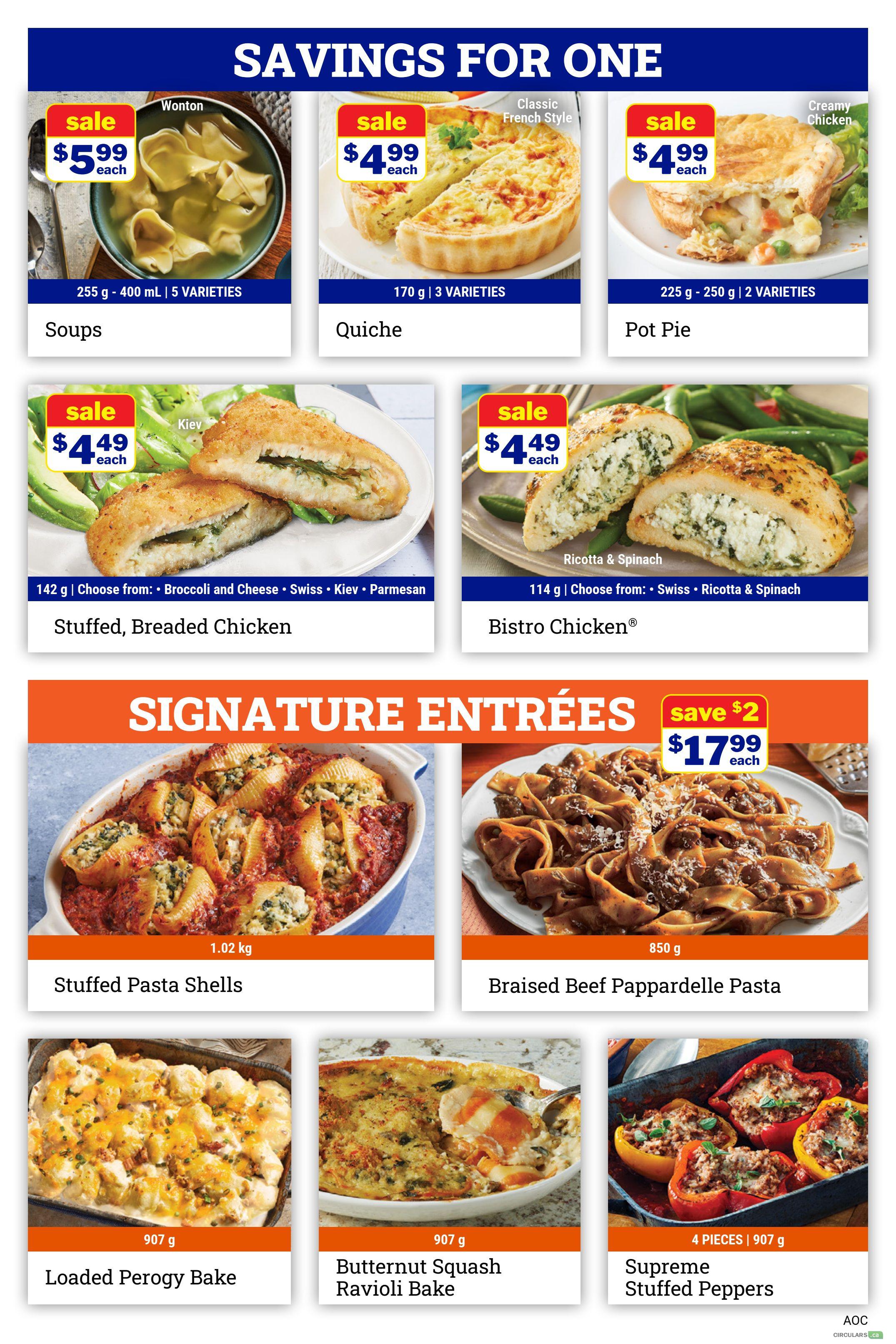 M&M Food Market weekly flyer specials page 8 features 'Savings for One' including Wonton Soups for $5.99 each (255g - 400mL, 5 varieties), Quiche for $4.99 each (170g, 3 varieties), and Pot Pie for $4.99 each (225g - 250g, 2 varieties). Also available are Stuffed, Breaded Chicken for $4.49 each (142g, choose from Broccoli and Cheese, Swiss, Kiev, Parmesan) and Bistro Chicken for $4.49 each (114g, choose from Swiss, Ricotta & Spinach). The 'Signature Entrées' section includes Stuffed Pasta Shells (1.02kg) and Braised Beef Pappardelle Pasta (850g) for $17.99 each, a $2 savings. Additional items are Loaded Perogy Bake (907g), Butternut Squash Ravioli Bake (907g), and Supreme Stuffed Peppers (4 pieces, 907g).