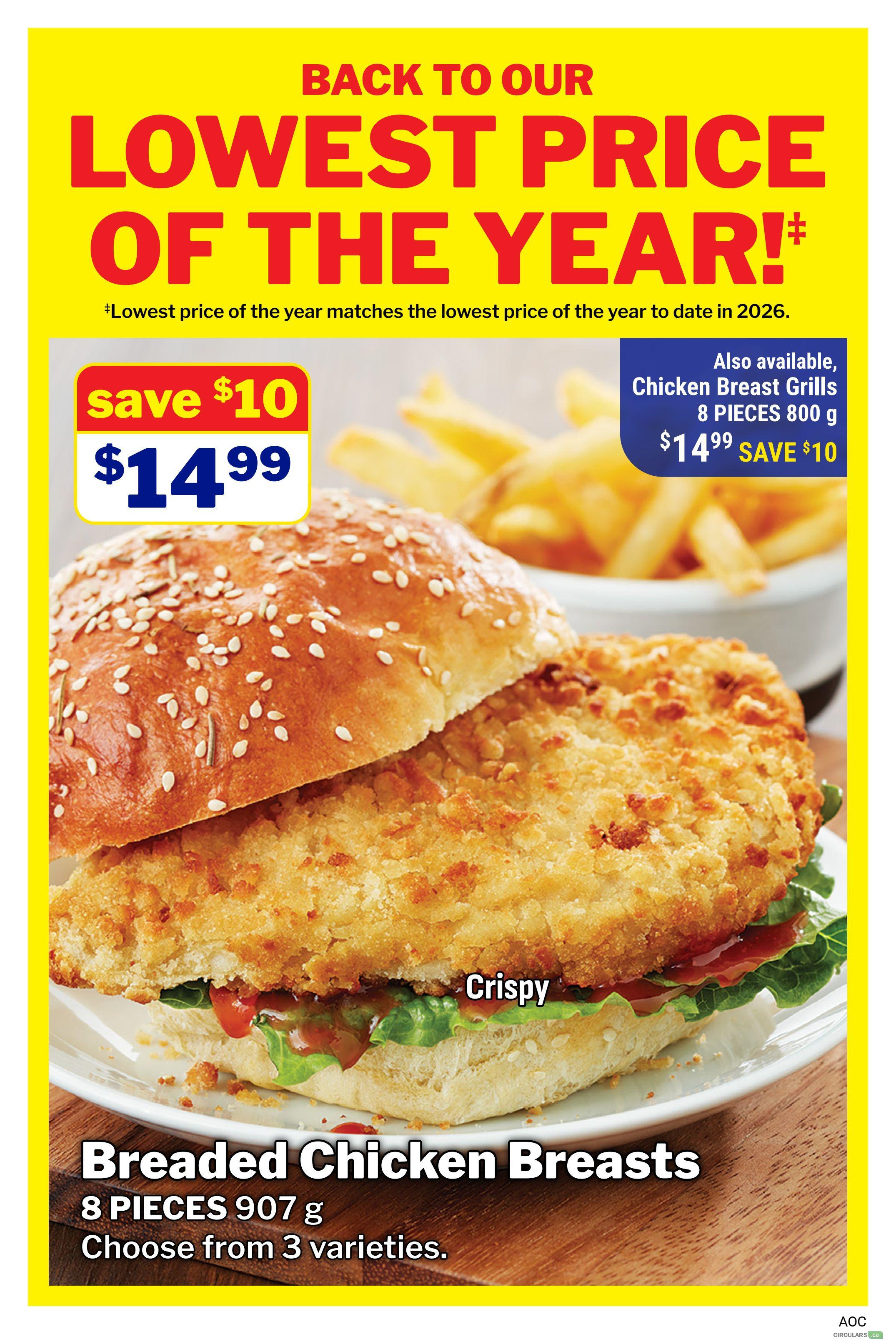 M&M Food Market flyer page 10 featuring 'Back to Our Lowest Price of the Year!' promotion. The main offer is Breaded Chicken Breasts, 8 pieces, 907 g, available in 3 varieties, for $14.99, with a save $10 discount. Also available are Chicken Breast Grills, 8 pieces, 800 g, for $14.99, also saving $10. The lowest price of the year matches the lowest price of the year to date in 2026.