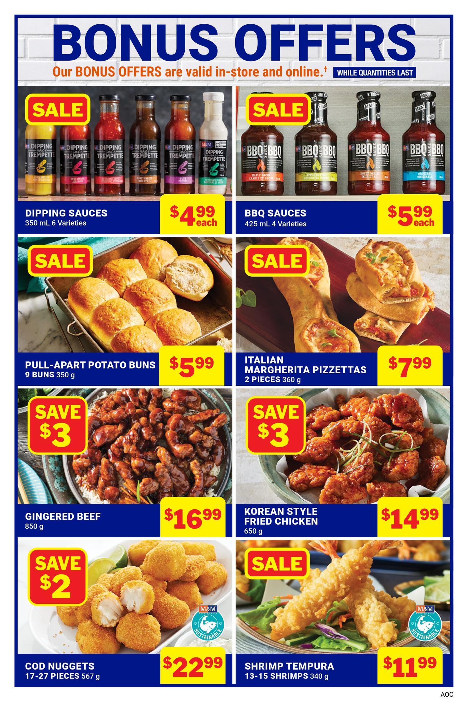 M&M Food Market Bonus Offers page featuring a variety of frozen food items on sale. Top row includes Dipping Sauces in 6 varieties for $4.99 each and BBQ Sauces in 4 varieties for $5.99 each. Middle row showcases Pull-Apart Potato Buns (9 buns, 350 g) for $5.99 and Italian Margherita Pizzettas (2 pieces, 360 g) for $7.99. Bottom row features Gingered Beef (850 g) with a $3 saving, Korean Style Fried Chicken (650 g) for $14.99, Cod Nuggets (17-27 pieces, 567 g) with a $2 saving for $22.99, and Shrimp Tempura (13-15 shrimps, 340 g) for $11.99. All offers are valid in-store and online while quantities last.