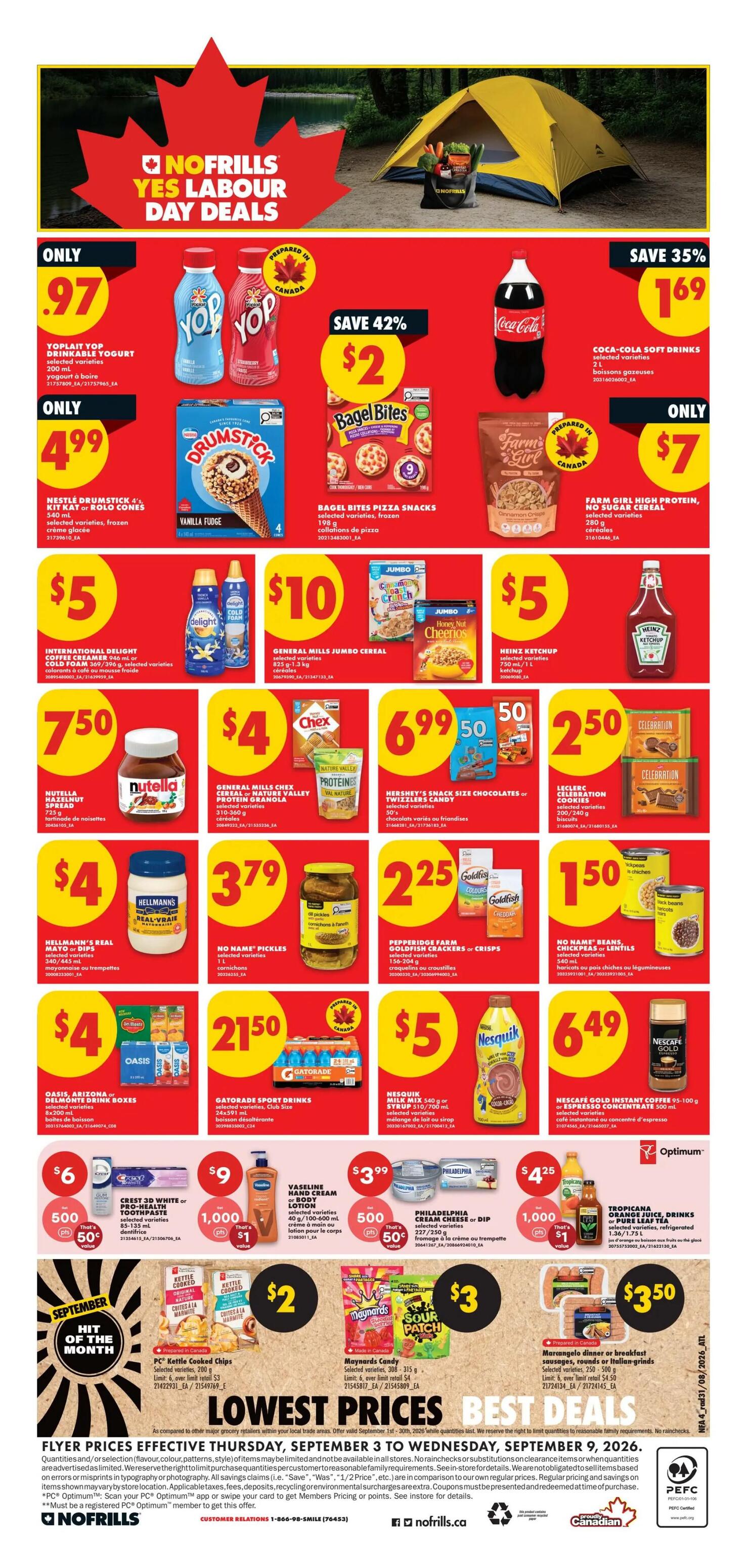 No Frills Atlantic Canada flyer page 6 featuring Labour Day Deals. Promotions include Yoplait Yop drinkable yogurt for only $0.97, Nestlé Drumstick Kit Kat or Rolo Cones for $4.99, and Coca-Cola soft drinks for $1.69 with a 35% saving. Also featured are Bagel Bites pizza snacks for $2 (save 42%), Farm Girl High Protein granola for $7, International Delight cold foam or creamer for $5, Heinz Ketchup for $5, and General Mills cereals including Cheerios and Chex/Nature Valley Protein Granola for $10 and $4 respectively. Nutella hazelnut spread is $7.50. Hershey's snack size chocolates or Twizzlers candy are $6.99 with 50 cents off. Leclerc Celebration cookies are $2.50. Hellmann's Real Mayo or Dips are $4. No Name pickles are $3.79. Pepperidge Farm Goldfish crackers or crisps are $2.25. No Name beans, chickpeas or lentils are $1.50. Oasis, Arizona or Del Monte drink boxes are $4. Gatorade Sport Drinks are $21.50. Nesquik milk mix or syrup is $5. Nescafé Gold instant coffee is $6.49. Lower prices section includes Crest 3D White or Pro-Health toothpaste for $6 with 50 cents off, Vaseline hand cream or body lotion for $9 with $1 off, Philadelphia cream cheese or dip for $3.99 with 50 cents off, and Tropicana juice drinks for $4.25 with $1 off. The 'Hit of the Month' features PC Kettle Cooked Chips for $2 and Maynards Candy for $3. Marzangello dinner or breakfast sausages are $3.50. The flyer is valid from Thursday, September 3 to Wednesday, September 9, 2026.