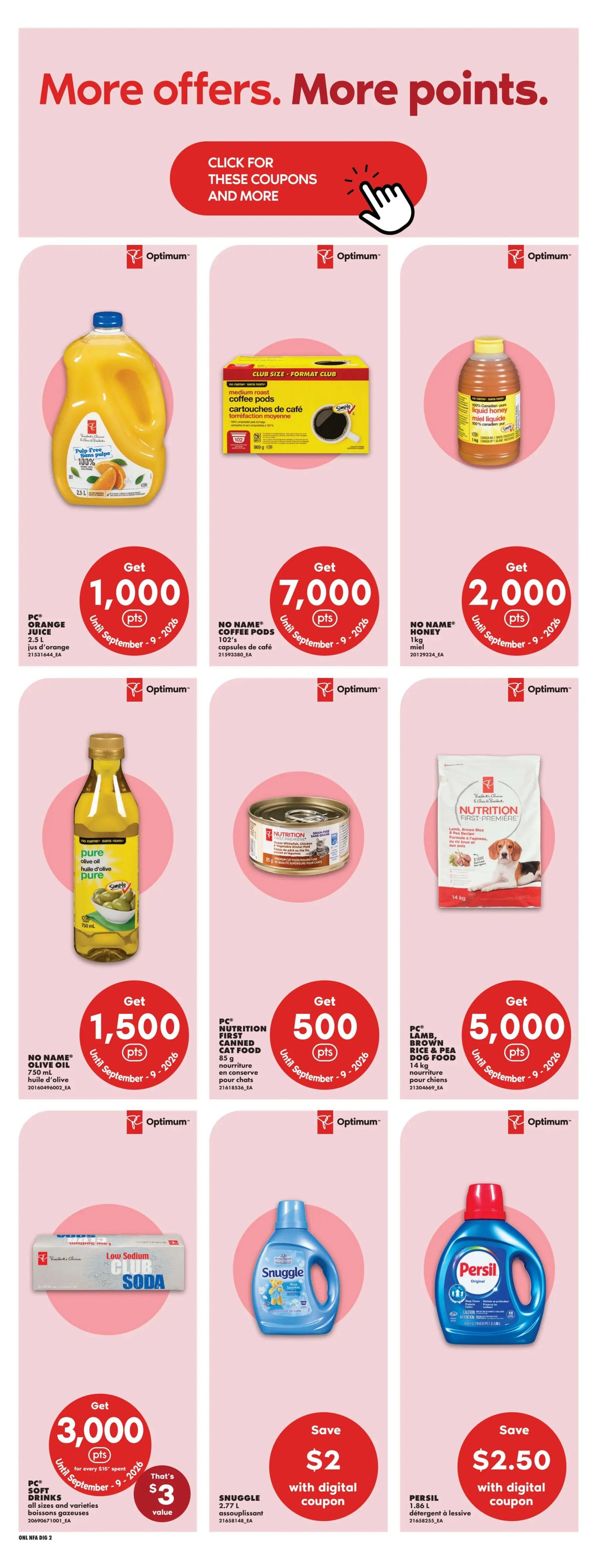 No Frills flyer page featuring 'More offers. More points.' with a call to action to click for coupons. Offers include: Get 1,000 Optimum points with PC Orange Juice 2.5L until September 9, 2026. Get 7,000 Optimum points with No Name Coffee Pods 102's until September 9, 2026. Get 2,000 Optimum points with No Name Honey 1kg until September 9, 2026. Get 1,500 Optimum points with No Name Olive Oil 750mL until September 9, 2026. Get 500 Optimum points with PC Nutrition First Canned Cat Food 85g. Get 5,000 Optimum points with PC Lamb, Brown Rice & Pea Dog Food 14kg. Get 3,000 Optimum points with PC Soft Drinks all sizes and varieties, valued at $3. Save $2 with digital coupon on Snuggle 2.77L. Save $2.50 with digital coupon on Persil 1.86L.