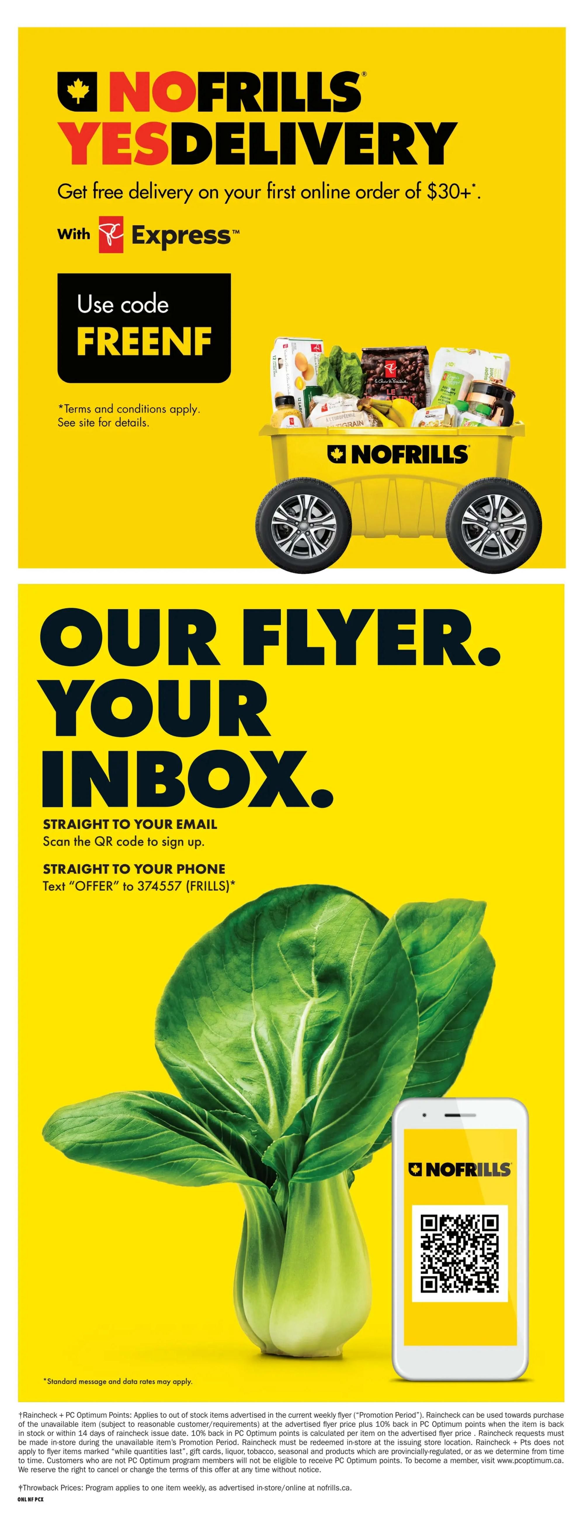No Frills flyer page featuring a promotion for free delivery on your first online order of $30 or more with code FREENF, valid with PC Express. The page also advertises 'Our Flyer. Your Inbox.' with options to sign up for email updates by scanning a QR code or to receive flyer offers via text by texting 'OFFER' to 374557. A large image of bok choy is displayed, along with a smartphone showing the No Frills logo and a QR code. Standard message and data rates apply. Terms and conditions apply to the delivery offer. Details about Raincheck + PC Optimum Points and Throwback Prices are provided at the bottom.