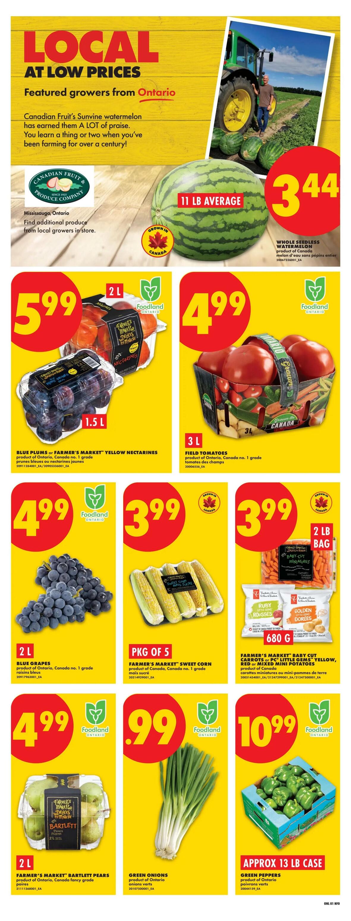 No Frills Ontario weekly flyer specials page 3 features local produce. A whole seedless watermelon is on sale for $3.44, averaging 11 lb. Farmer's Market yellow nectarines (2L) and blue plums (1.5L) are $5.99. Field tomatoes (3L) are $4.99. Blue grapes (2L) are $4.99. A package of 5 Farmer's Market sweet corn is $3.99. Farmer's Market baby cut, ruby, or red or mixed mini potatoes (680g bag) are $3.99. Farmer's Market Bartlett pears (2L) are $4.99. Green onions are $0.99. A 13 lb case of green peppers is $10.99.