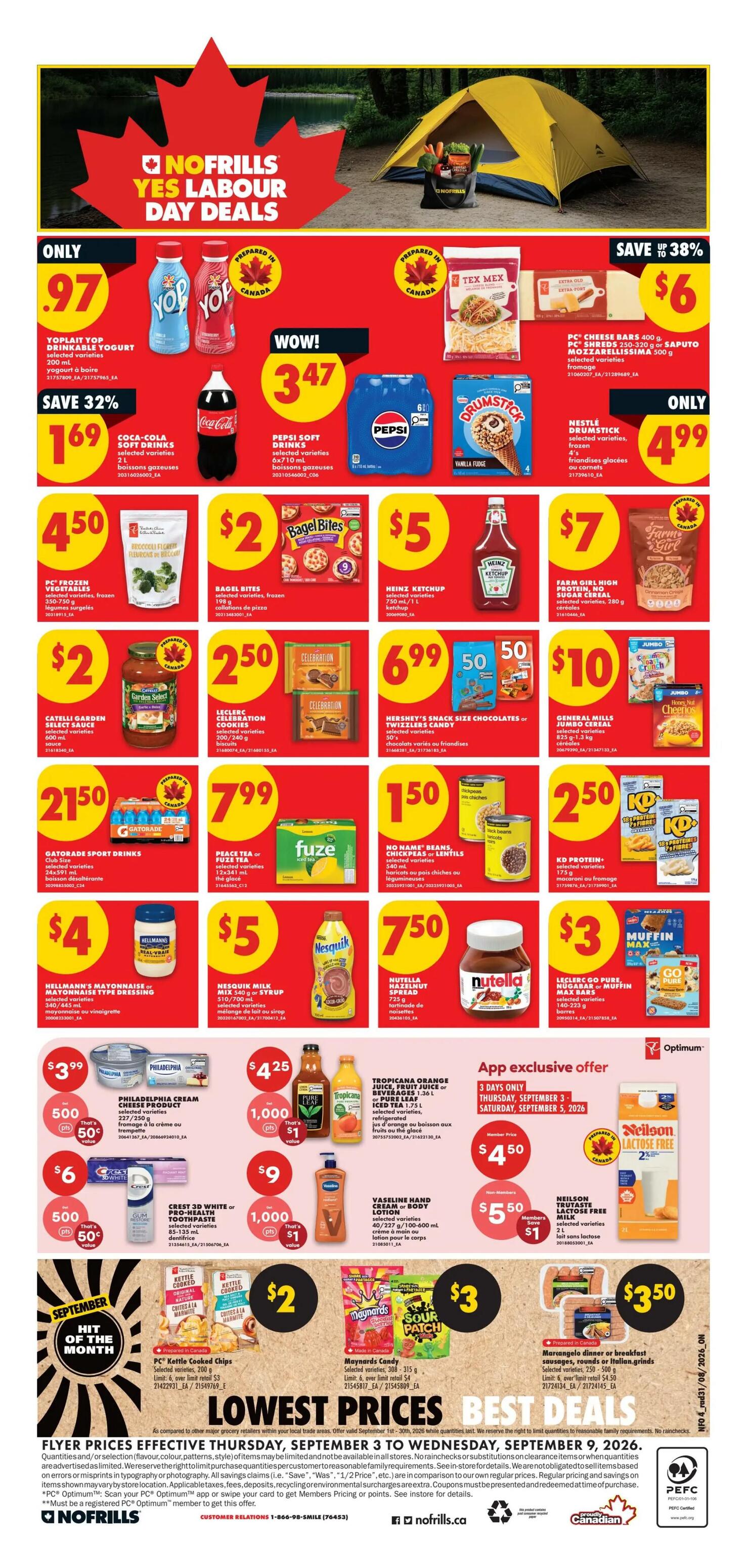 No Frills Yes Labour Day Deals flyer page 6. Featured deals include Yoplait Drinkable Yogurt for only $0.97, Coca-Cola Soft Drinks 2L for $1.69 (save 32%), Pepsi Soft Drinks 6x710 mL for $3.47, and PC Cheese Bars 400g or Saputo Mozzarella 500g for $6 (save 38%). Also on sale are Nestlé Drumstick 4's for $4.99, PC Frozen Vegetables 350-750g for $4.50, Bagel Bites 19's for $2, Heinz Ketchup 750mL/1L for $5, and Farm Girl Protein Cereal 280g for $7. Other offers include Catelli Garden Select Sauce 600mL for $2, Leclerc Celebration Cookies 200-240g for $2.50, Hershey's Snack Size Chocolates or Twizzlers Candy for $6.99 (50% off), and General Mills Jumbo Cereal 825g-1.3kg for $10. Gatorade Sport Drinks 24x591mL are $21.50. Peace Tea 12x341mL is $7.99. No Name Beans, Chickpeas or Lentils are $1.50. KD Protein+ 175g is $2.50. Philadelphia Cream Cheese Product 227-250g is $3.99 with 500 points for $0.50 value. Pure Leaf Iced Tea 1.75L is $4.25 with 1,000 points for $1 value. Vaseline Hand Cream or Body Lotion 100-600mL is $5 with 1,000 points for $1 value. Crest 3D White or Pro-Health Toothpaste 85-135mL is $6 with 500 points for $0.50 value. App exclusive offer from September 3-5, 2026: Member Price for Neilson Lactose Free Milk 2L is $4.50. Non-Members save $1 on Neilson TruTaste Milk. PC Kettle Cooked Chips 200g are $2 (limit 6). Maynards Candy 308-315g are $3 (limit 4). Marangela Dinner or Breakfast Sausages 300-500g are $3.50 (limit 6). Lowest Prices Best Deals flyer runs from Thursday, September 3 to Wednesday, September 9, 2026.
