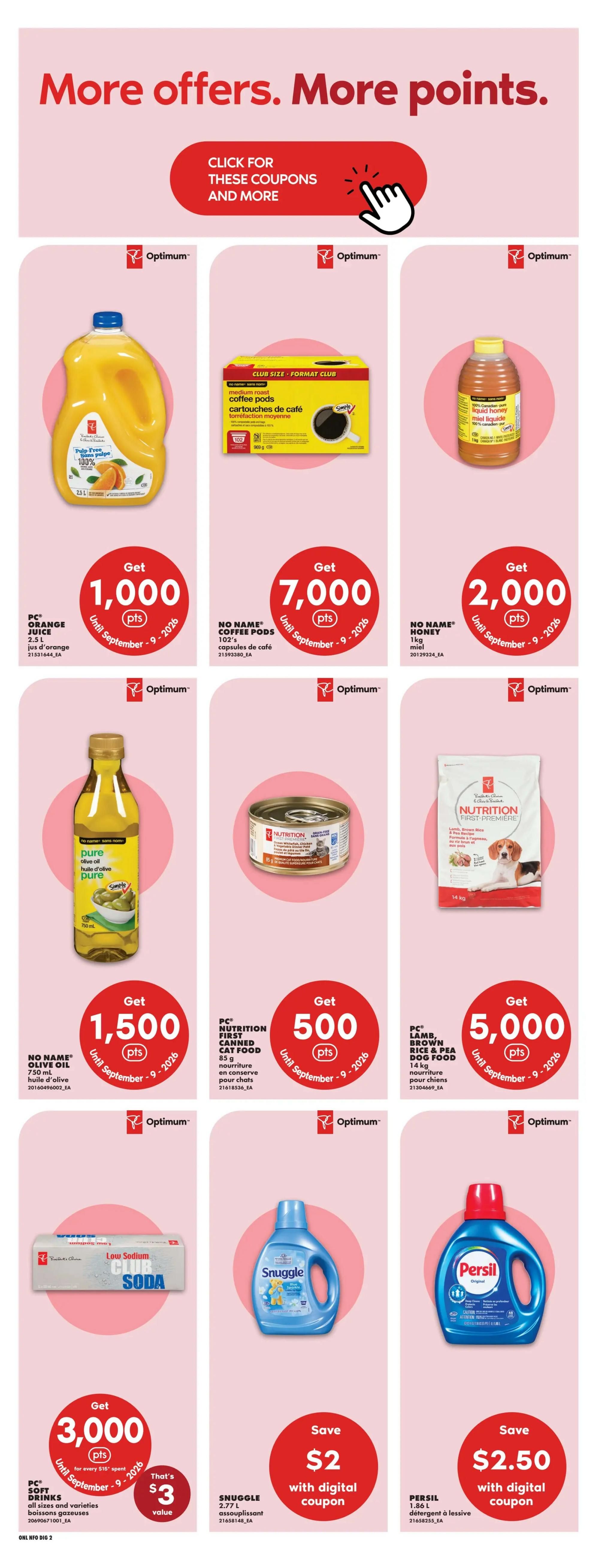 No Frills flyer page featuring 'More offers. More points.' with a call to action to click for coupons. Offers include: Get 1,000 Optimum points with PC Orange Juice 2.5L; Get 7,000 Optimum points with No Name Coffee Pods 102's; Get 2,000 Optimum points with No Name Honey 1kg; Get 1,500 Optimum points with No Name Olive Oil 750mL; Get 500 Optimum points with PC Nutrition First Canned Cat Food 85g; Get 5,000 Optimum points with PC Lamb, Brown Rice & Pea Dog Food 14kg; Get 3,000 Optimum points for every $15 spent on PC Soft Drinks all sizes and varieties, that's a $3 value; Save $2 with digital coupon on Snuggle 2.77L; Save $2.50 with digital coupon on Persil 1.86L. All offers are valid until September 9, 2026.