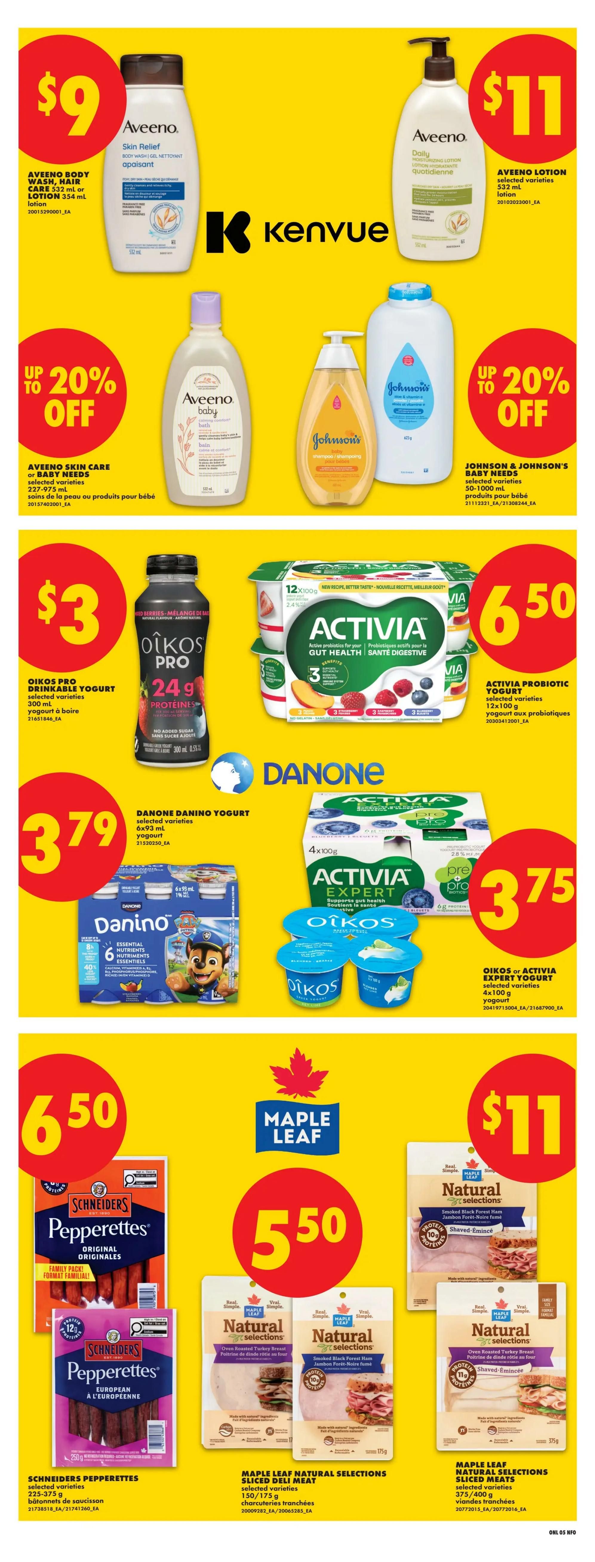 No Frills weekly flyer specials page 13 featuring Aveeno Body Wash or Lotion for $9, Aveeno Lotion for $11, and up to 20% off Aveeno Skin Care or Baby Needs. Also featured are O.I.K.O.S. Pro Drinkable Yogurt for $3, Danone Danino Yogurt 6x93 mL for $3.79, and Activia Probiotic Yogurt 12x100g for $6.50. Additionally, find Schneiders Pepperettes selected varieties 225-375g for $6.50, and Maple Leaf Natural Selections Sliced Deli Meat or Sliced Meats selected varieties 150-400g for $5.50.