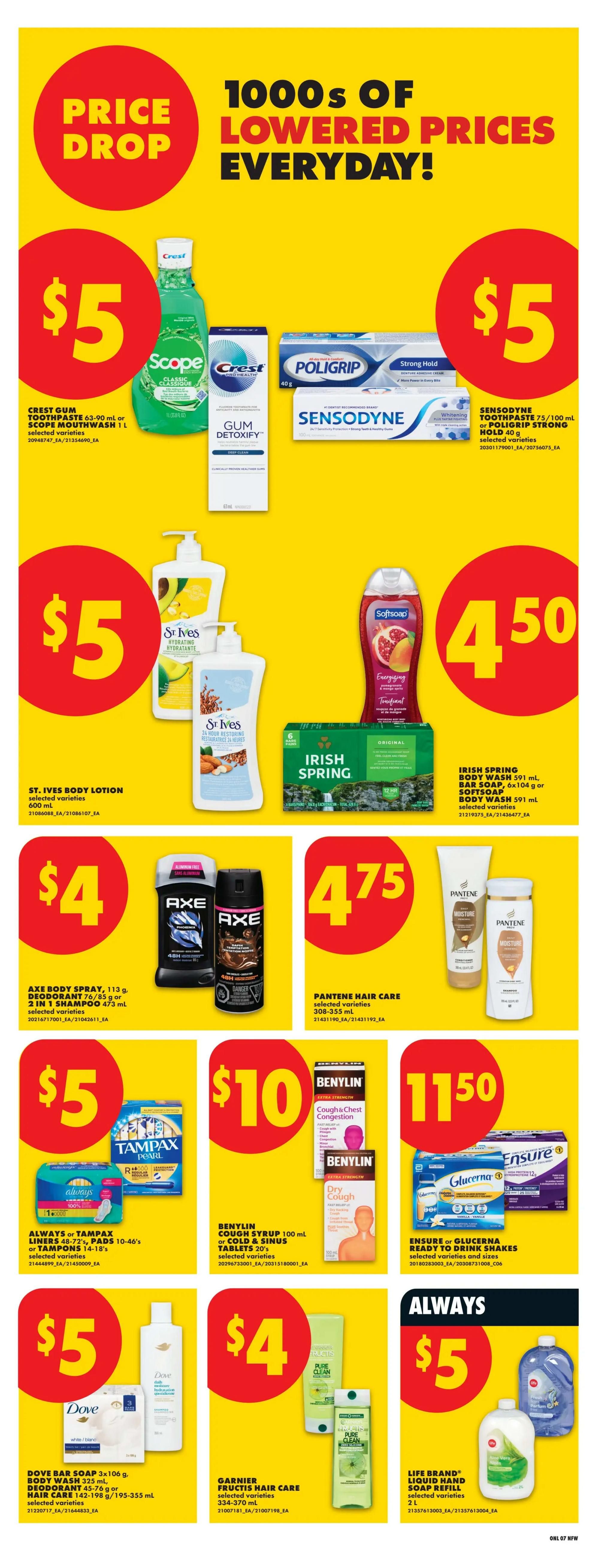 No Frills weekly flyer specials page 14 featuring a 'Price Drop' section with 1000s of lowered prices every day. Products on sale include Crest Gum Detoxify toothpaste or Scope mouthwash for $5, Sensodyne toothpaste or Poligrip strong hold for $5, St. Ives body lotion for $5, Irish Spring body wash and bar soap for $4.50, Axe body spray and deodorant or 2-in-1 shampoo for $4, Pantene hair care for $4.75, Always or Tampax liners, pads or tampons for $5, Benylin cough syrup or cold & sinus tablets for $10, Ensure or Glucerna ready-to-drink shakes for $11.50, Dove body soap, body wash, deodorant or hair care for $5, Garnier Fructis hair care for $4, and Life Brand liquid hand soap refill for $5.