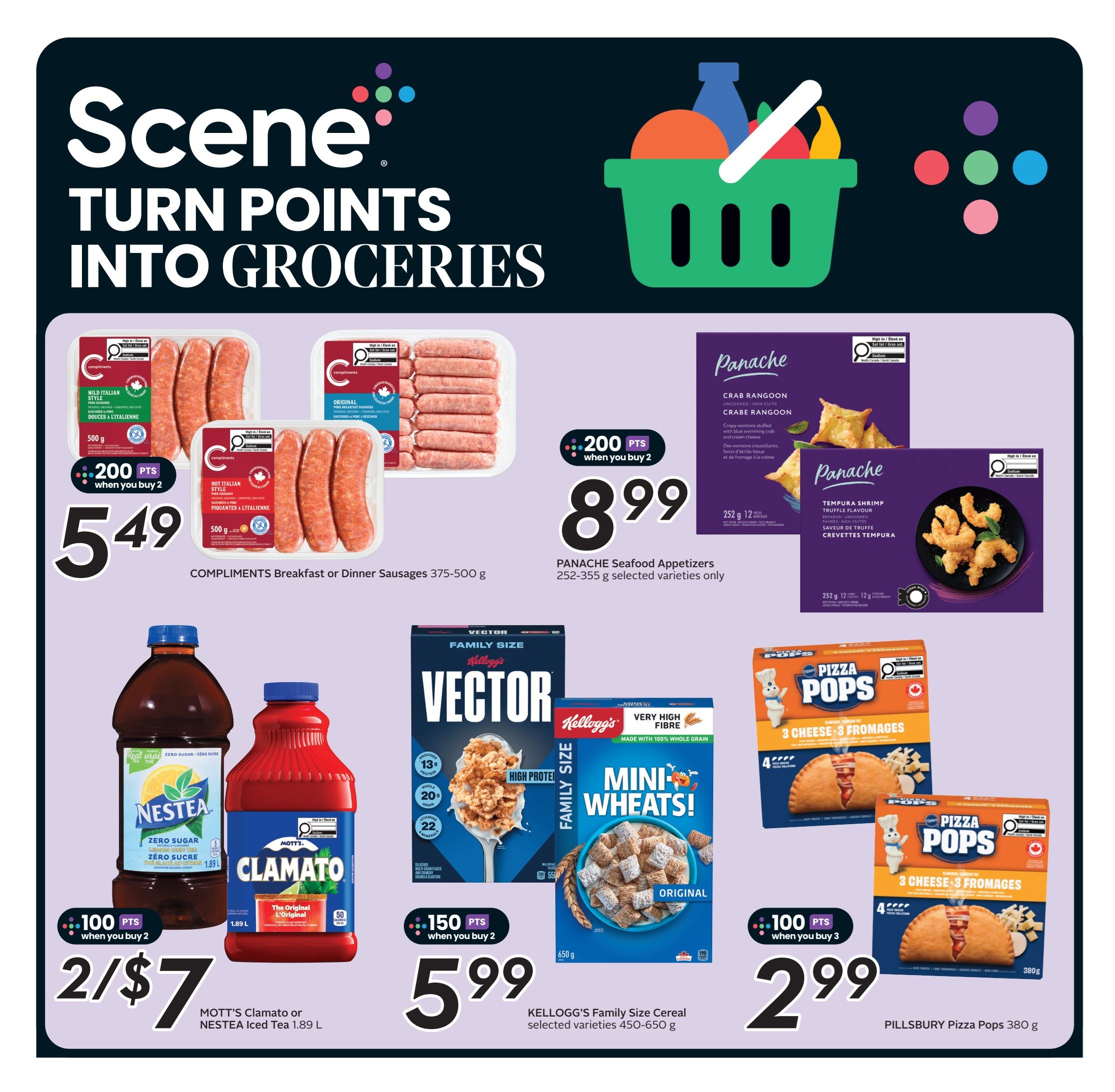 Safeway weekly flyer specials page 3 features Compliments Breakfast or Dinner Sausages in Mild Italian Style and Original varieties for $5.49 when you buy 2, earning 200 Scene points. Panache Seafood Appetizers, including Crab Rangoon and Tempura Shrimp Truffle Flavour, are $8.99 when you buy 2, earning 200 Scene points. Mott's Clamato or Nestea Iced Tea 1.89 L is 2 for $7, earning 100 Scene points when you buy 2. Kellogg's Family Size Cereal, including Vector and Mini-Wheats Original, is $5.99 when you buy 2, earning 150 Scene points. Pillsbury Pizza Pops 3 Cheese 380 g are $2.99 when you buy 3, earning 100 Scene points.