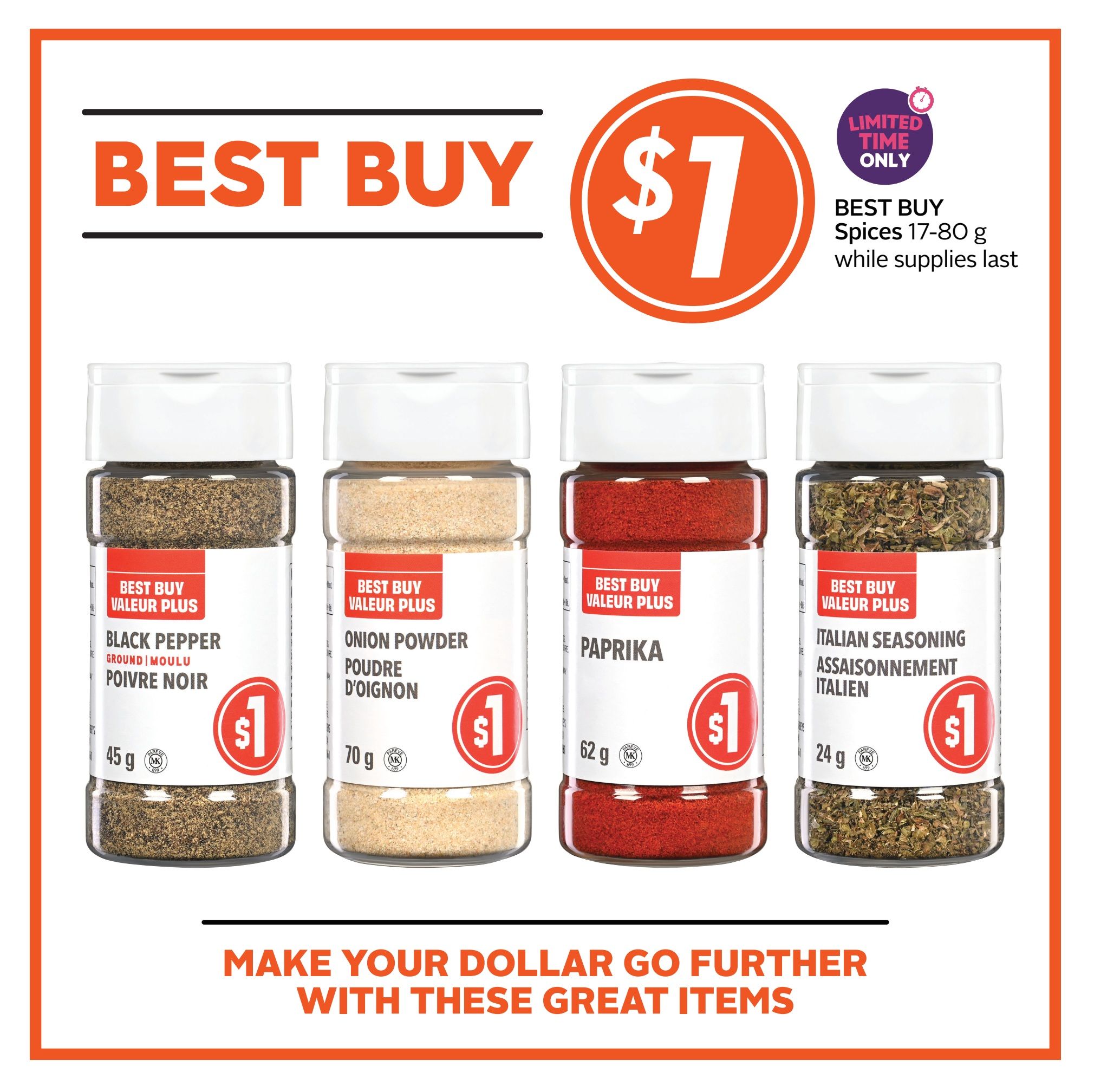 Safeway weekly flyer specials, page 22. Features Best Buy spices for $1 each, limited time only while supplies last. Products include Best Buy Value Plus Black Pepper (ground), 45 g; Best Buy Value Plus Onion Powder, 70 g; Best Buy Value Plus Paprika, 62 g; and Best Buy Value Plus Italian Seasoning, 24 g. The page slogan reads: Make your dollar go further with these great items.